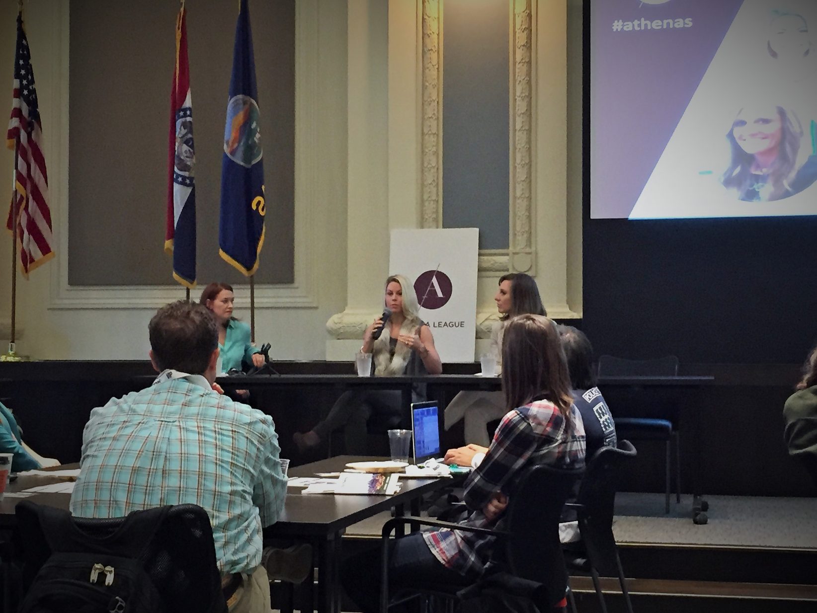 Christine Murray, left, from the Greater Kansas City's Chamber of Commerce, moderates a panel with City Gym KC's CEO Hailee Bland-Walsh, center, and t.Loft CEO Jill Minton, right.