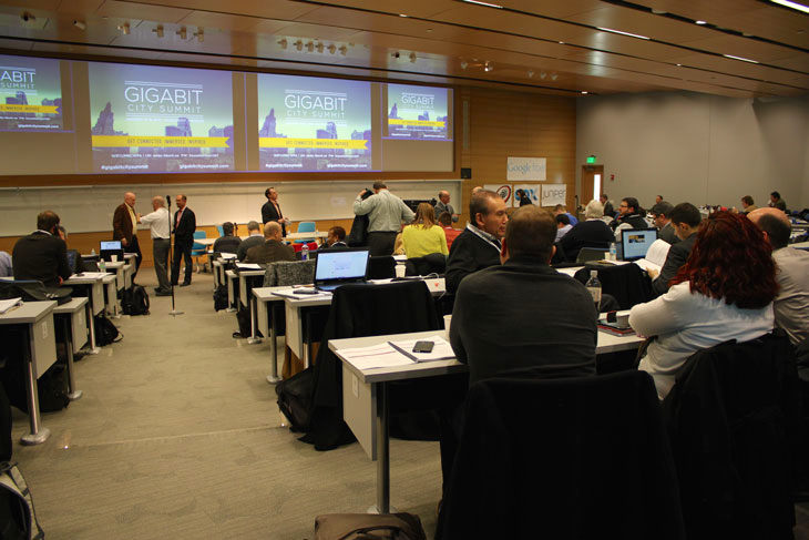 Attendees from the inaugural Gigabit City Summit gather for a program.  