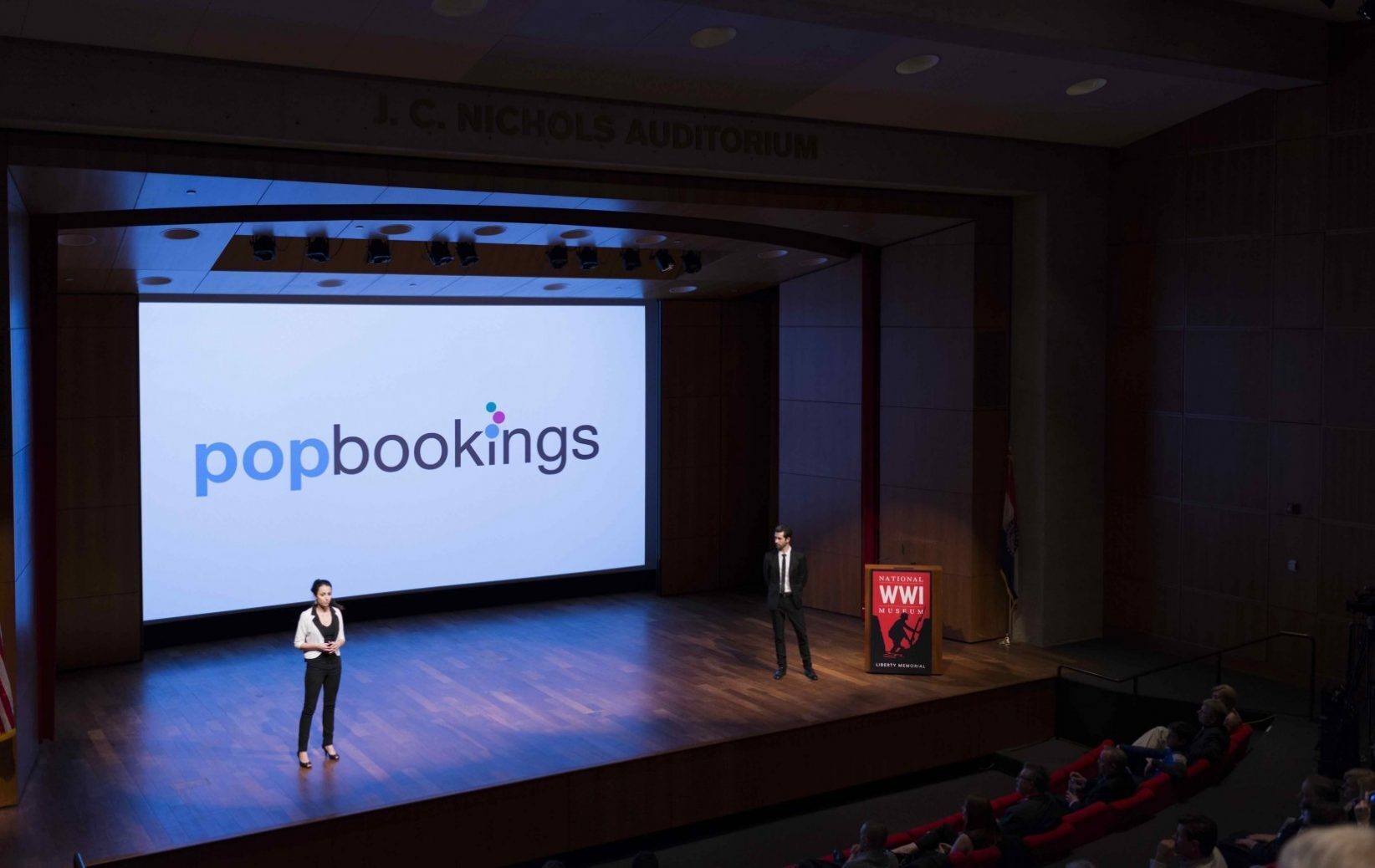 PopBookings co-founders Erika Klotz and Scott Hanson pitch their firm at SparkLabKC's demo day. 