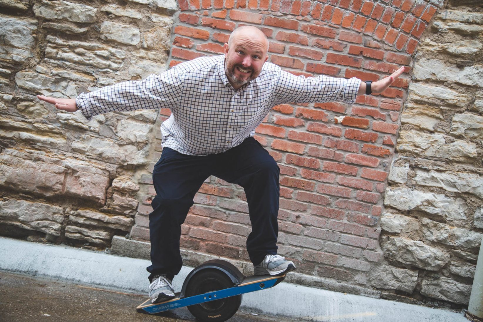 Robert Manigold on his One Wheel scooter.