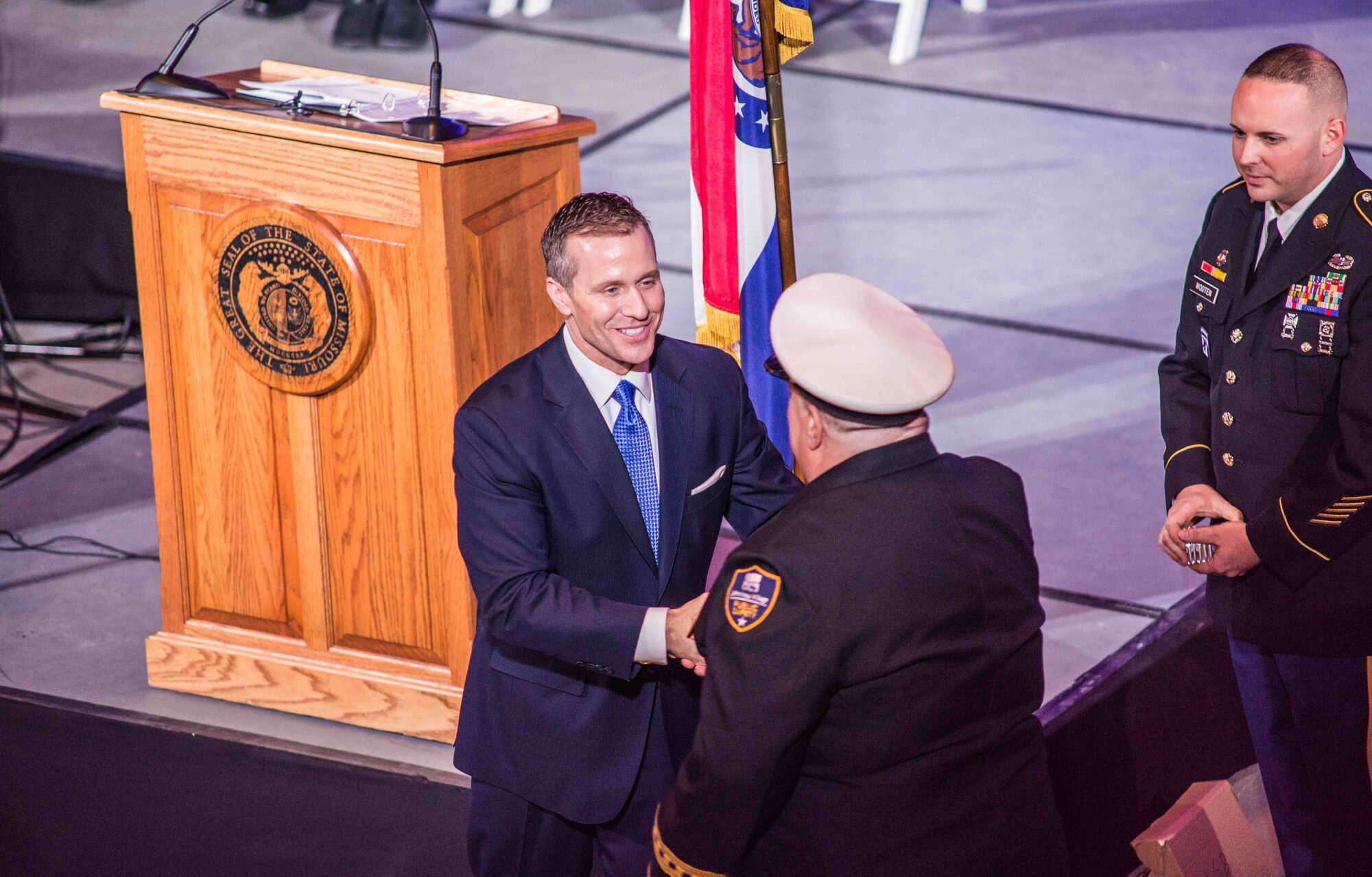 Missouri Gov. Eric Greitens being sworn-in as the 56th governor of Missouri at the State Capitol in Jefferson City. (Missouri National Guard photo by Staff Sgt. Patrick P. Evenson)