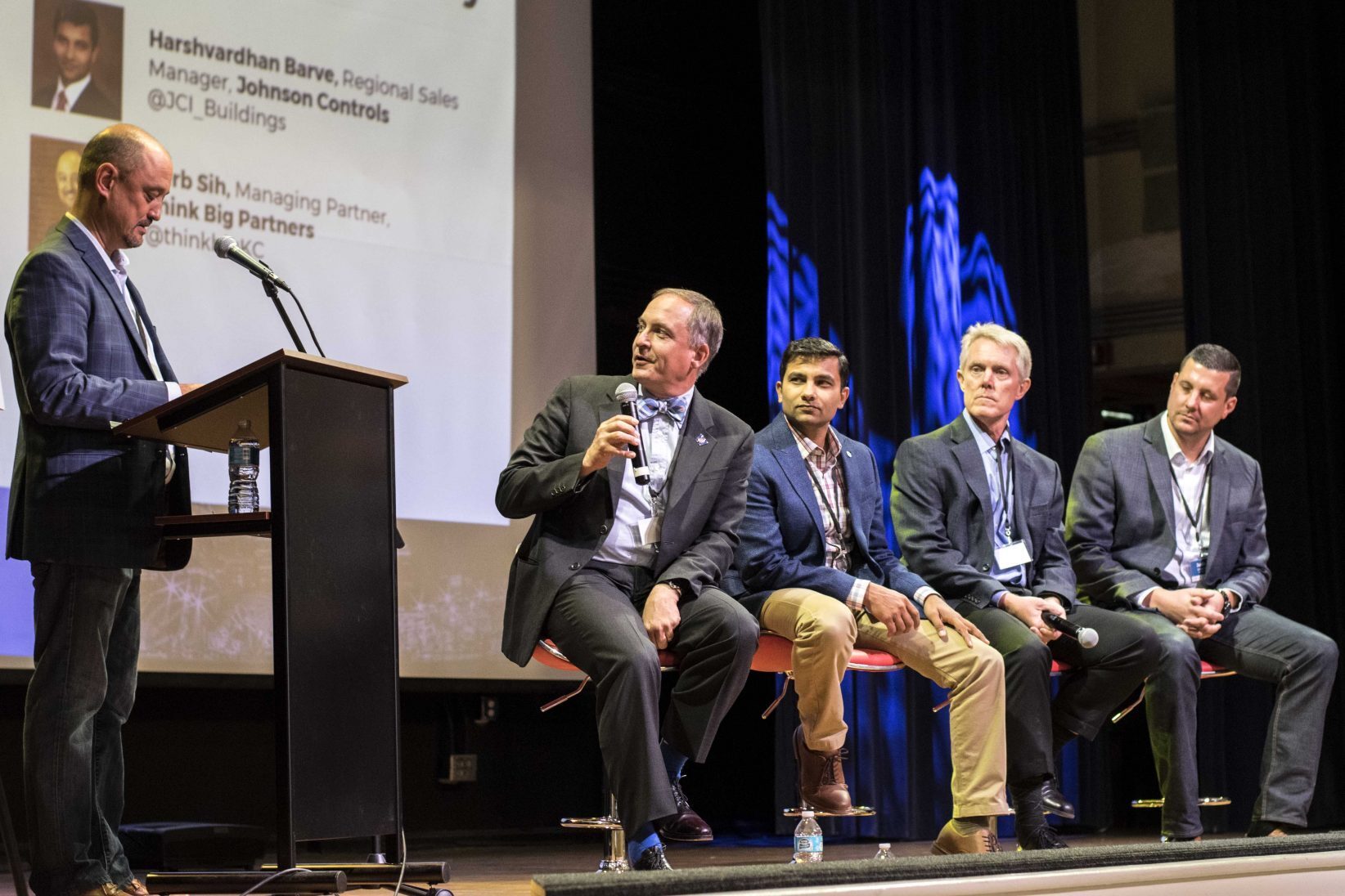 Partner at Think Big Partners Herb Sih, KCMO CIO Bob Bennett, Black & Veatch smart city director Justin Dickstein, Ruckus Wireless senior director Steve Wimsatt and Johnson Controls Regional Sales Manager 
Harshvardhan Barve. 
