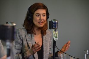 Callie England at Startland's April Innovation Exchange, a live Startup Hustle podcast on Startup Burnout, presented by Full Scale