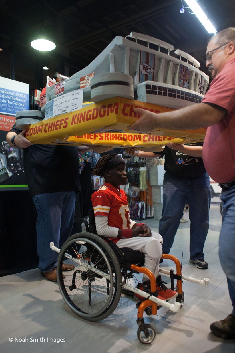 Chiefs Wheelchair Costume Trying it on 01