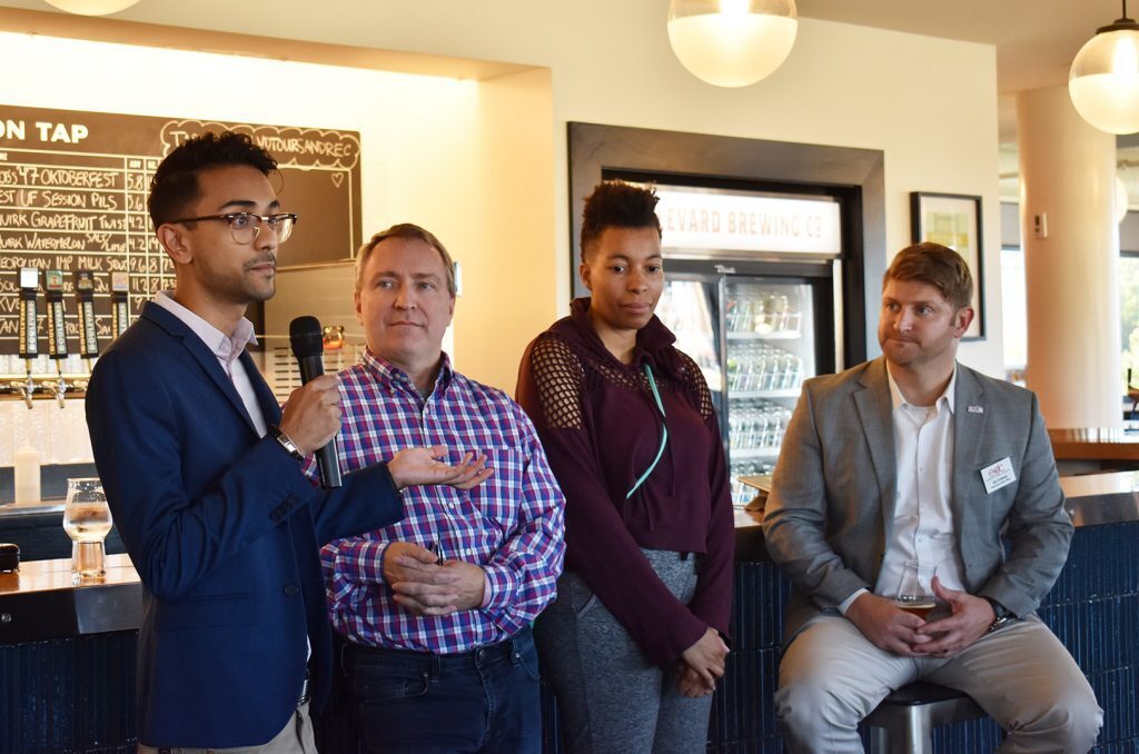Sonny Patel, founder and CEO of Insurmi, with Steve Gardner and Charlotte Clark, bcp tech accelerator, and Jim Erickson, EDCKC