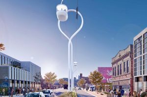 A rendering of how a gondola line could look crossing the West Bottoms at State Line Road and West Ninth Street. (Rendering from SOM/HR&A Advisors report)