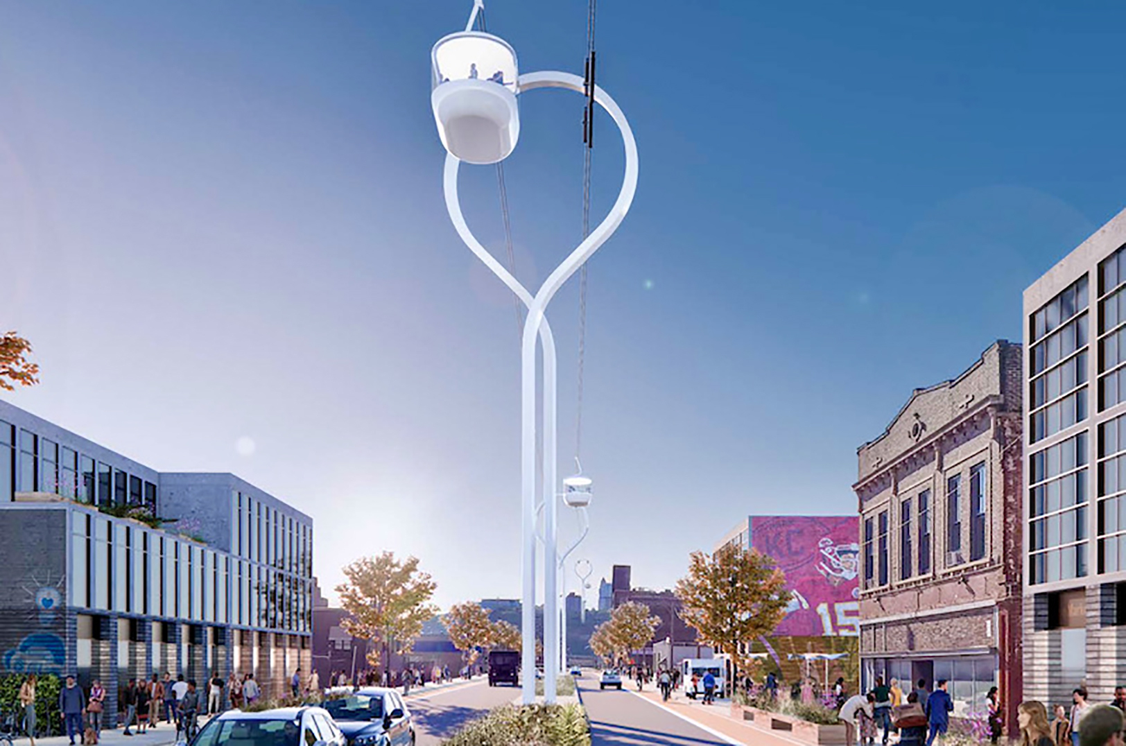 A rendering of how a gondola line could look crossing the West Bottoms at State Line Road and West Ninth Street. (Rendering from SOM/HR&A Advisors report)