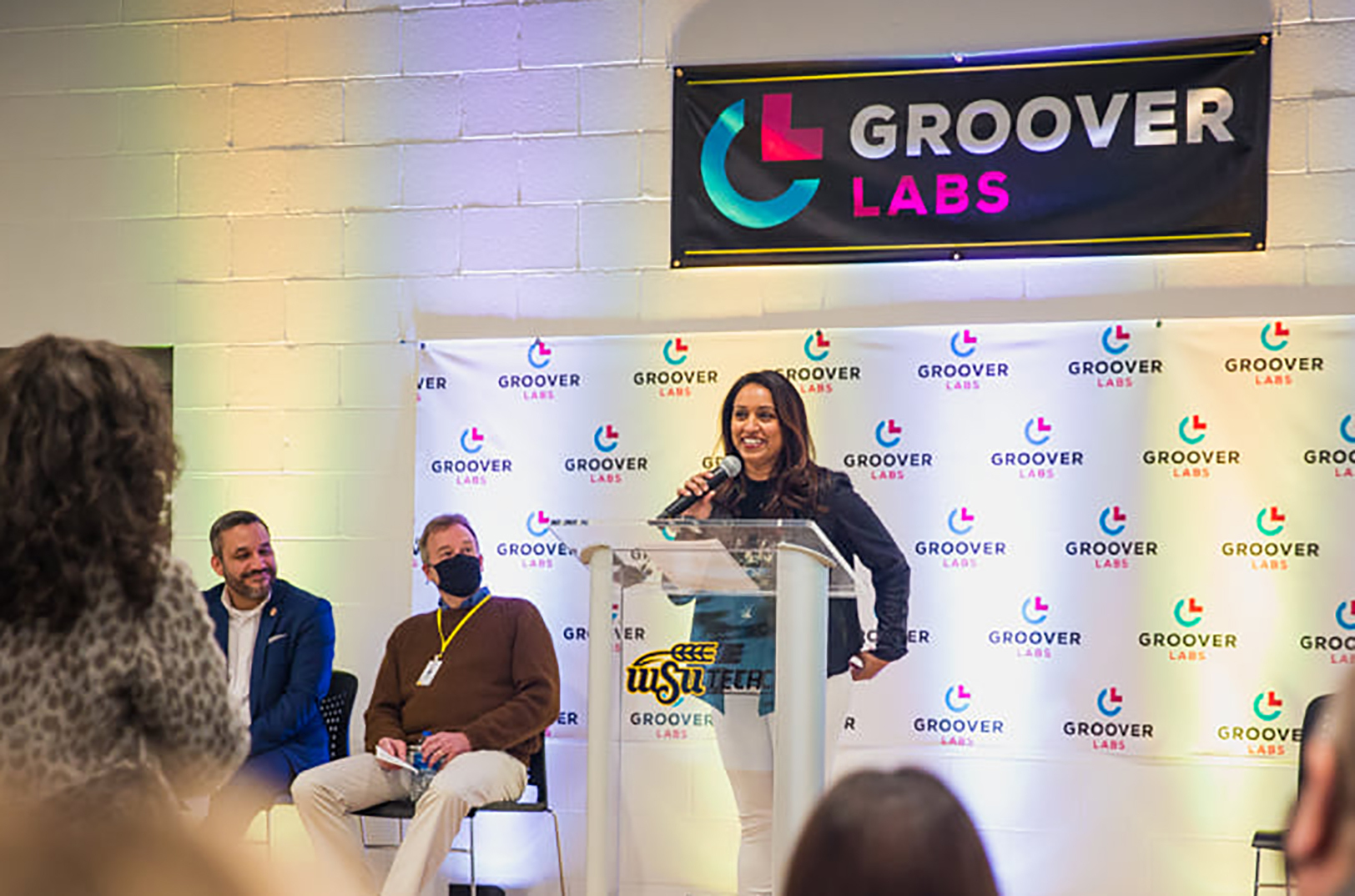 Neelima Parasker, SnapIT Solutions, speaks during an announcement event with WSU Tech and Groover Labs in Wichita; photo courtesy of WSU Tech
