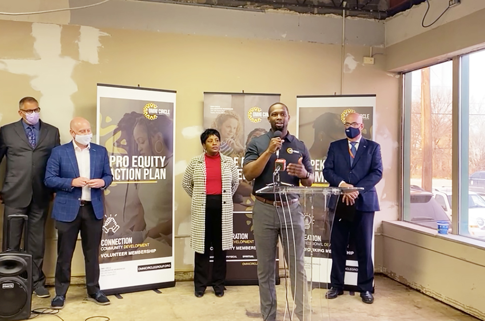 Michael Odupitan, Omni Circle Group, speaking at a grant announcement event at Omni Circle's in-the-works collaborative workspace
