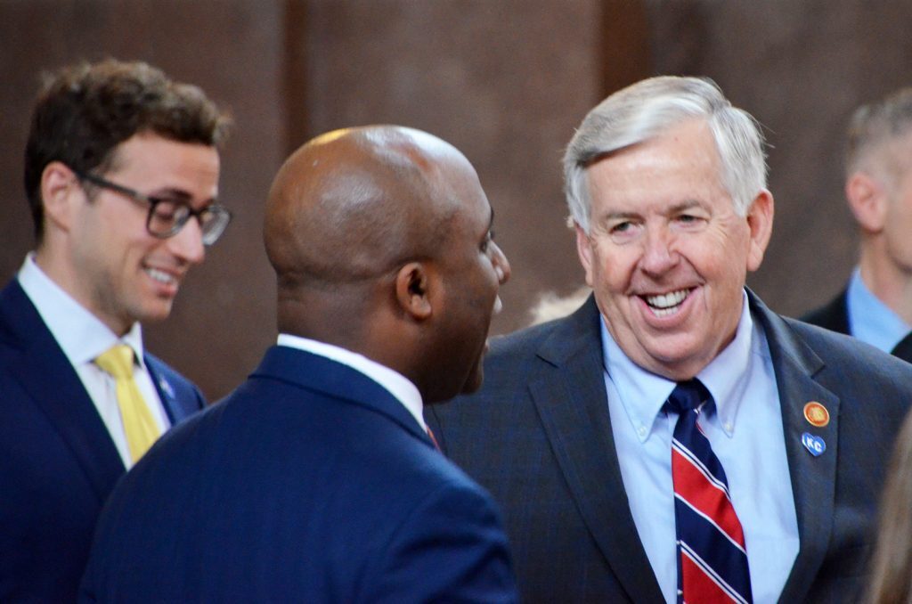 KCMO Mayor Quinton Lucas and Gov. Mike Parson, R-Missouri, talk before the announcement of Meta's new $800 million data center in Kansas City