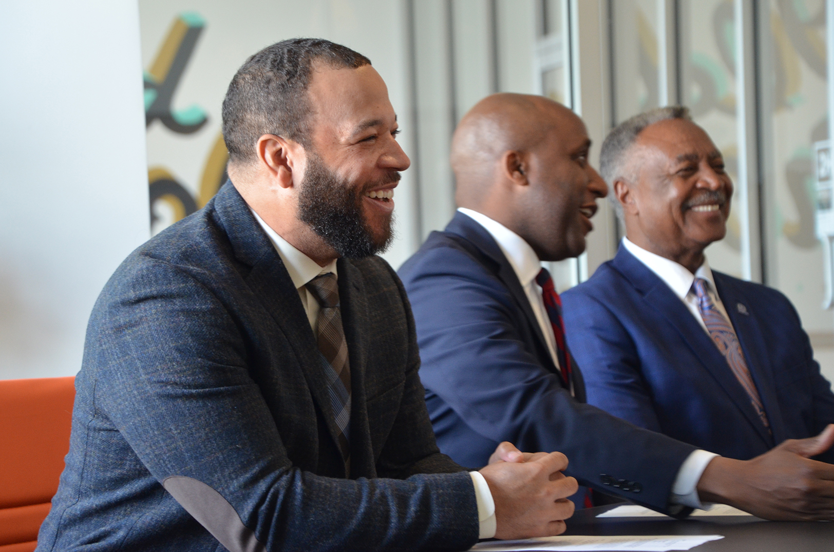 Frank James Jr., Pro X, and Quinton Lucas, Kansas City mayor, during an announcement event for the 2022 Pro X student internship