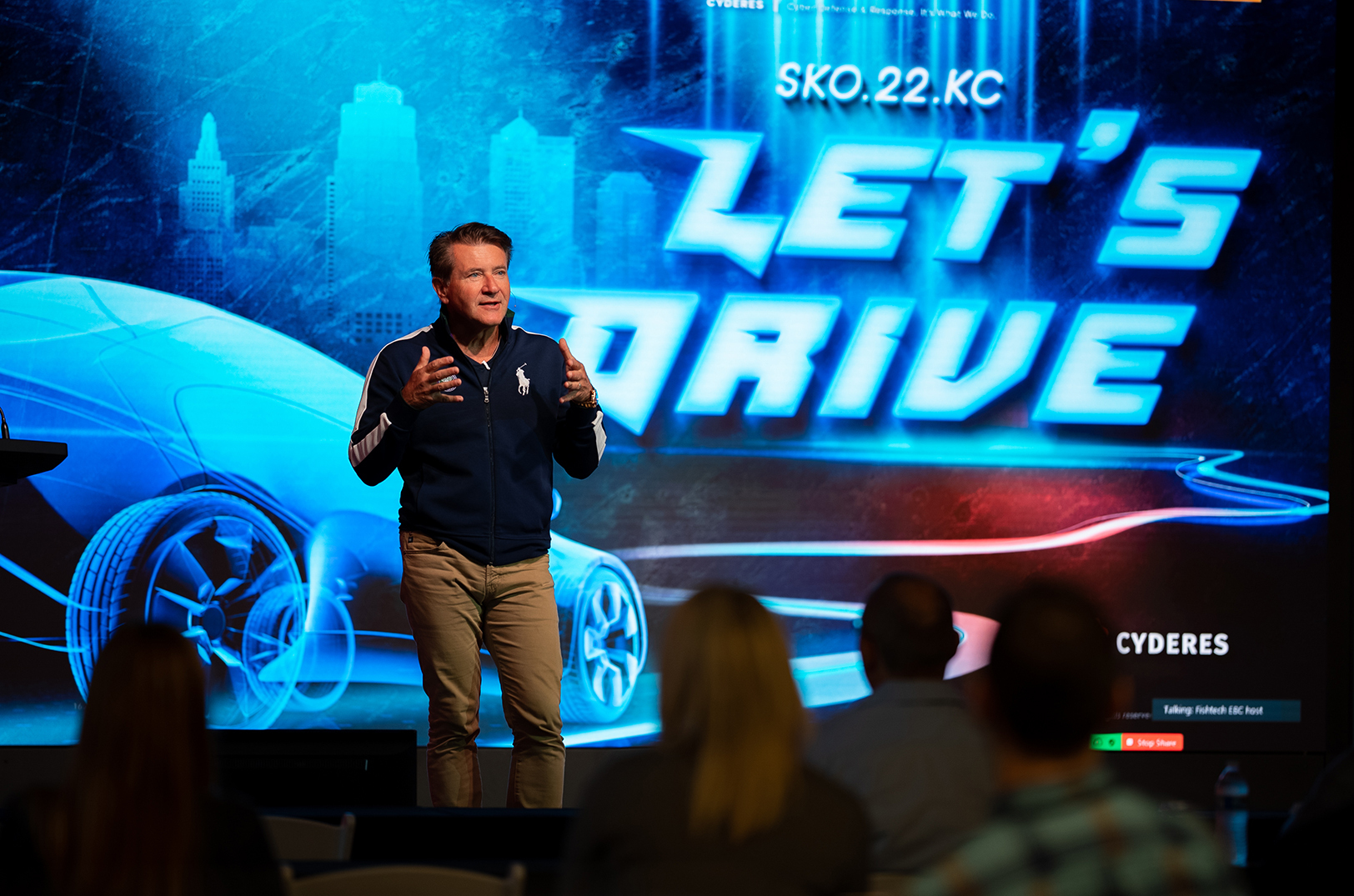 Robert Herjavec speaks to Cyderes teams at the company's Martin City headquarters