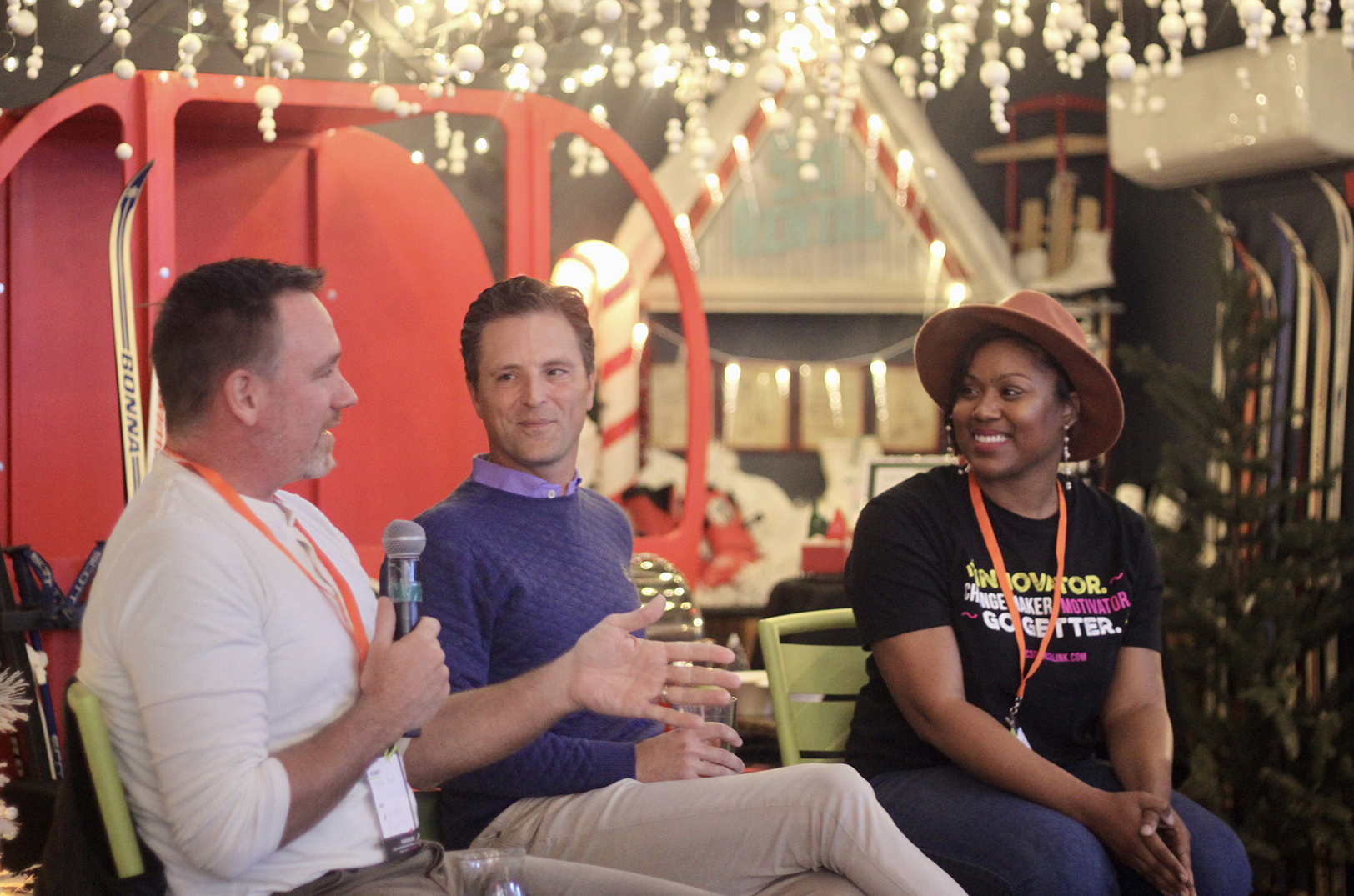 Toby Rush, Redeem; John Thomson, PayIt; and India Wells-Carter, Fresh Factory KC; join a fireside chat as part of the kickoff of Global Entrepreneurship Week Kansas City