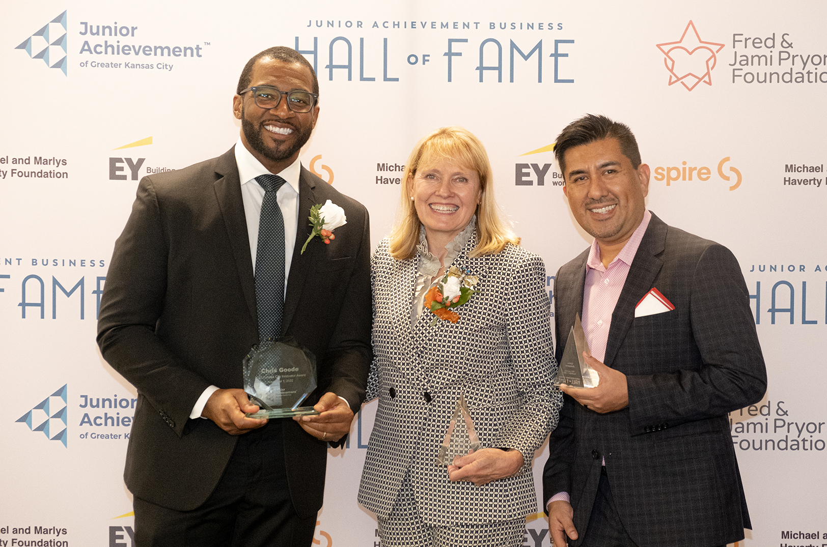 Chris Goode, Ruby Jeans Juicery, Darcy Howe, KCRise Fund, and Carlos Antequera, Novel Capital, at the 2022 Junior Achievement of Greater Kansas City Business Hall of Fame ceremony