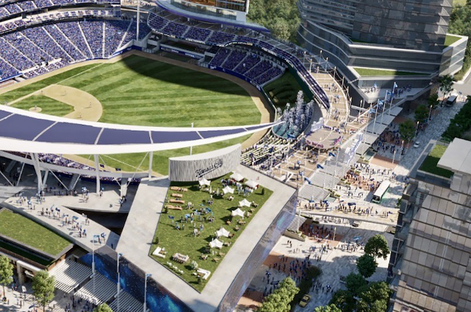 Rendering of a potential new downtown KCMO stadium for the Kansas City Royals, image courtesy of the Royals