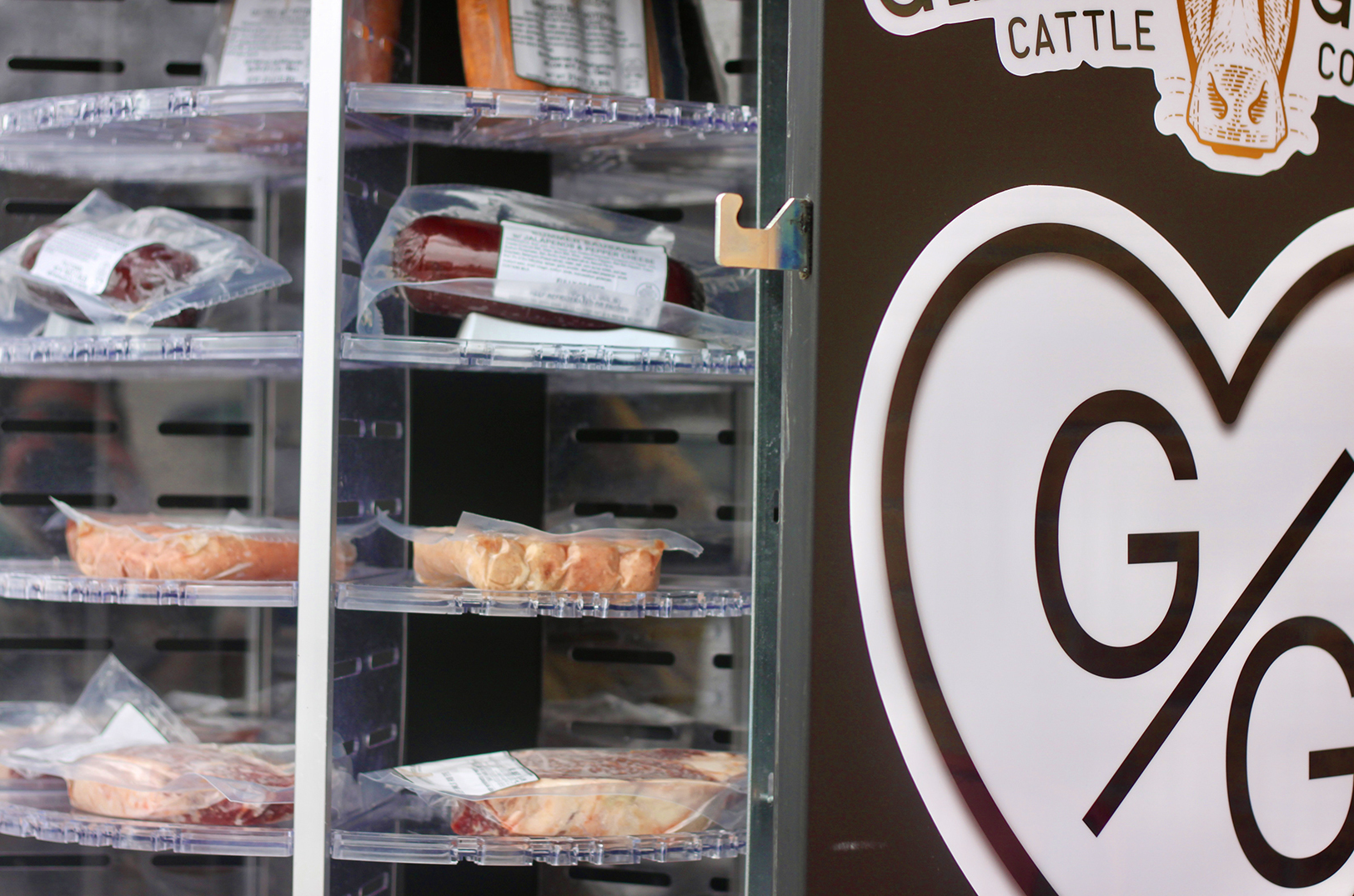 Beef vending machine from Green Grass Cattle Company outside Front Range Coffee in Waldo
