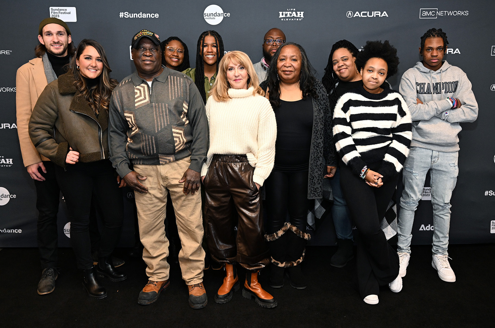 Jackson Montemayor, Samantha Hake, Adolphus Parker III, Funmi Ogunro, Catherine Hoffman, Sharon Liese, Matthew Parker, Sedoria Parker, Katrina Parker, Ashleigh Parker and Cameron Parker of "Parker" attend the 2023 Sundance Film Festival Short Film Program 1 at Prospector Square Theatre Jan, 19 in Park City, Utah; photo by Jim Bennett, Getty Images