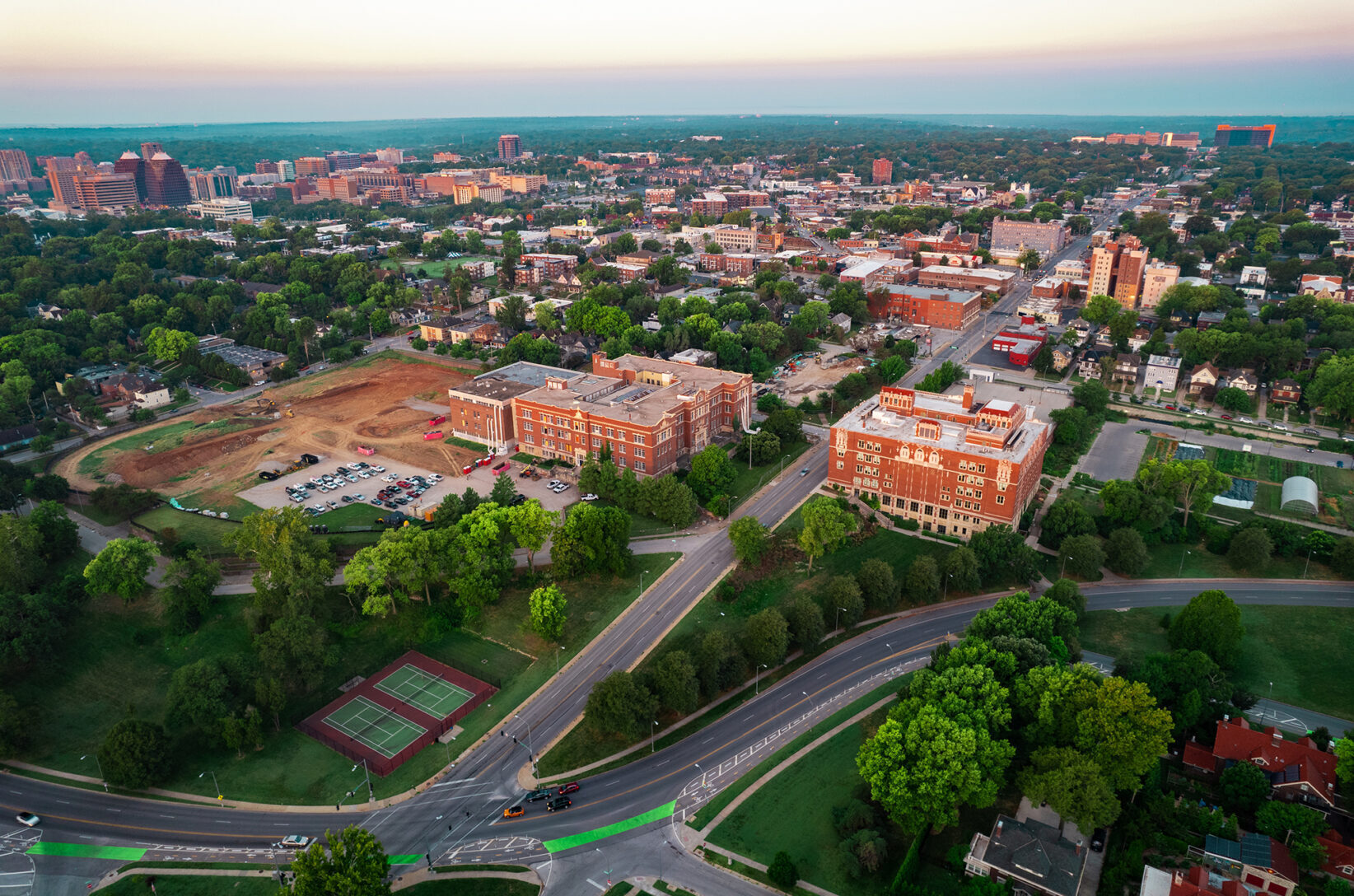 Park 39 campus aerial with The Residences at Park 30 at left, Plexpod at Park 39 at right