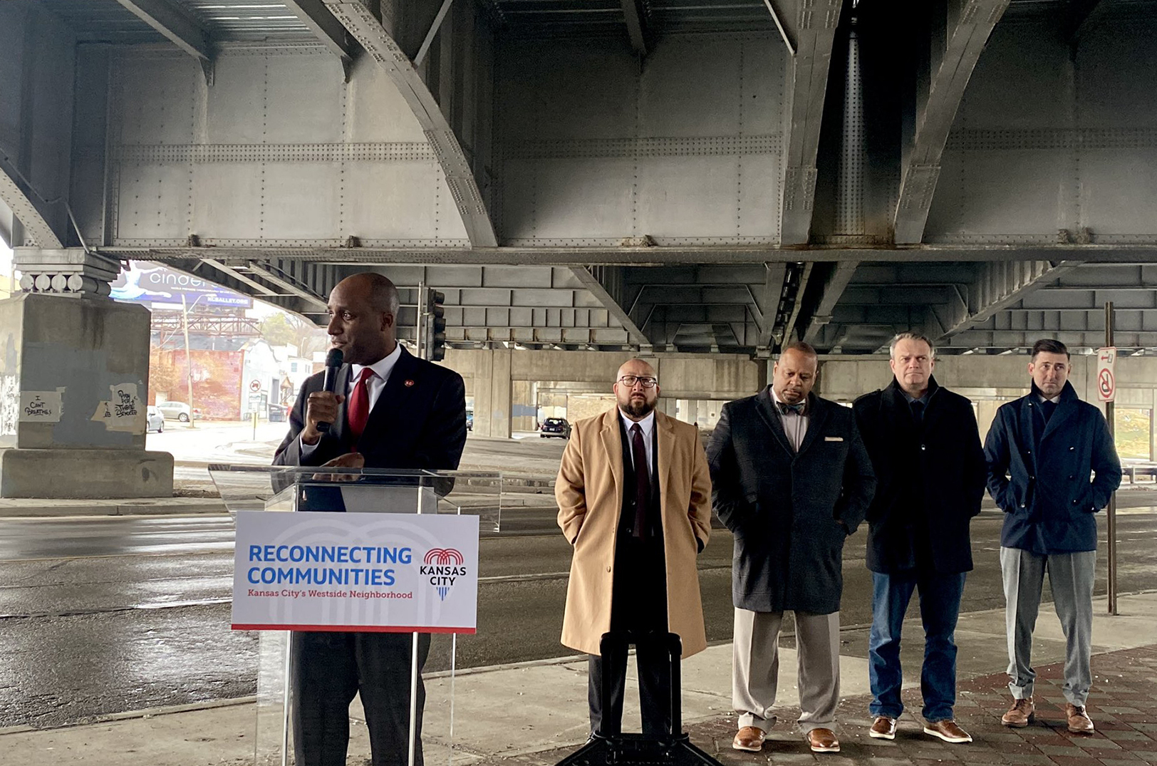 KCMO Mayor Quinton Lucas speaks Friday during an announcement event for the Reconnecting Communities grant; photo courtesy of KCMO