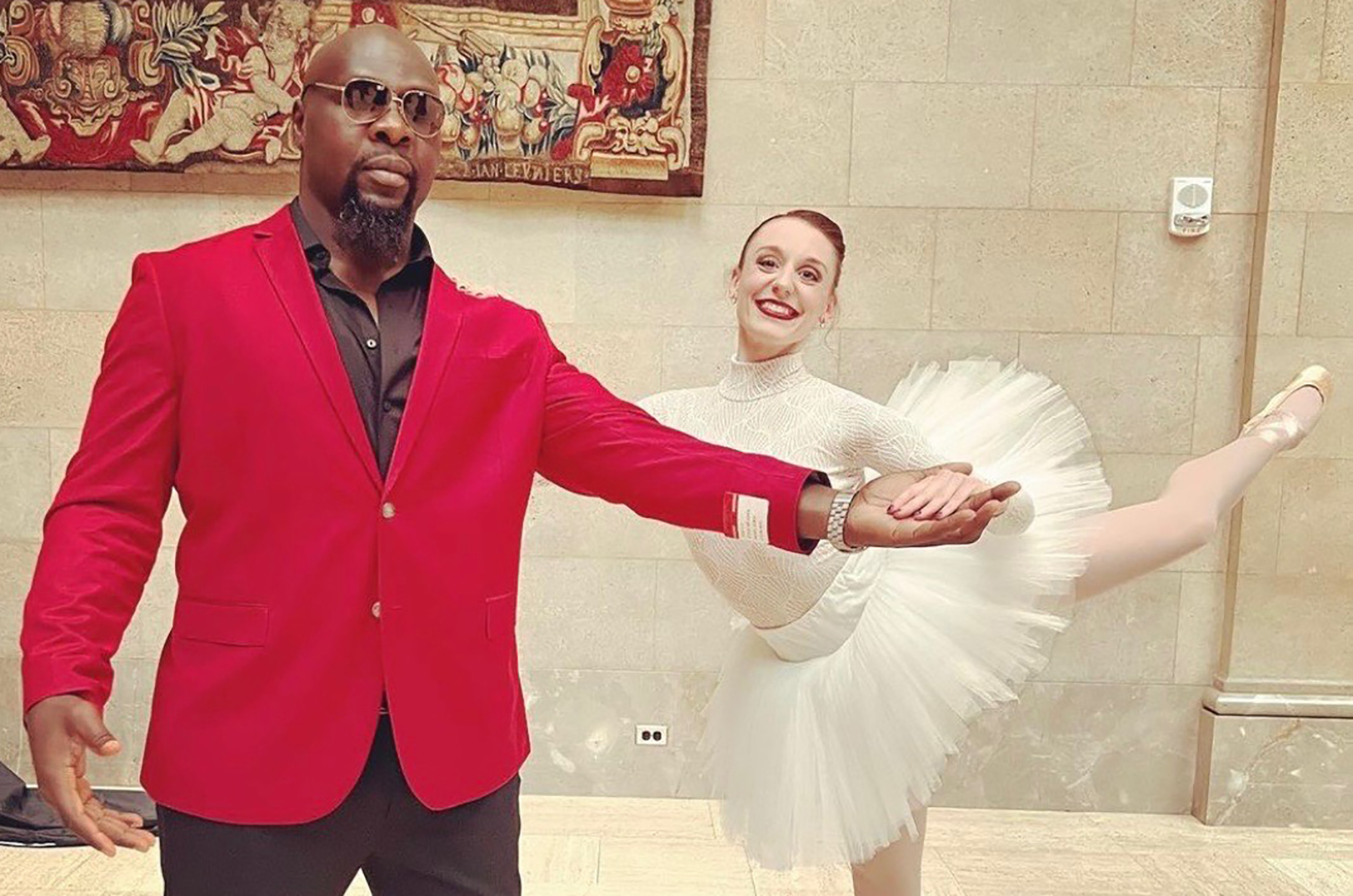 Tamba Hali and Courtney Nitting at the Nelson-Atkins Museum of Art for the filming of Hali's "Fine-O" music video