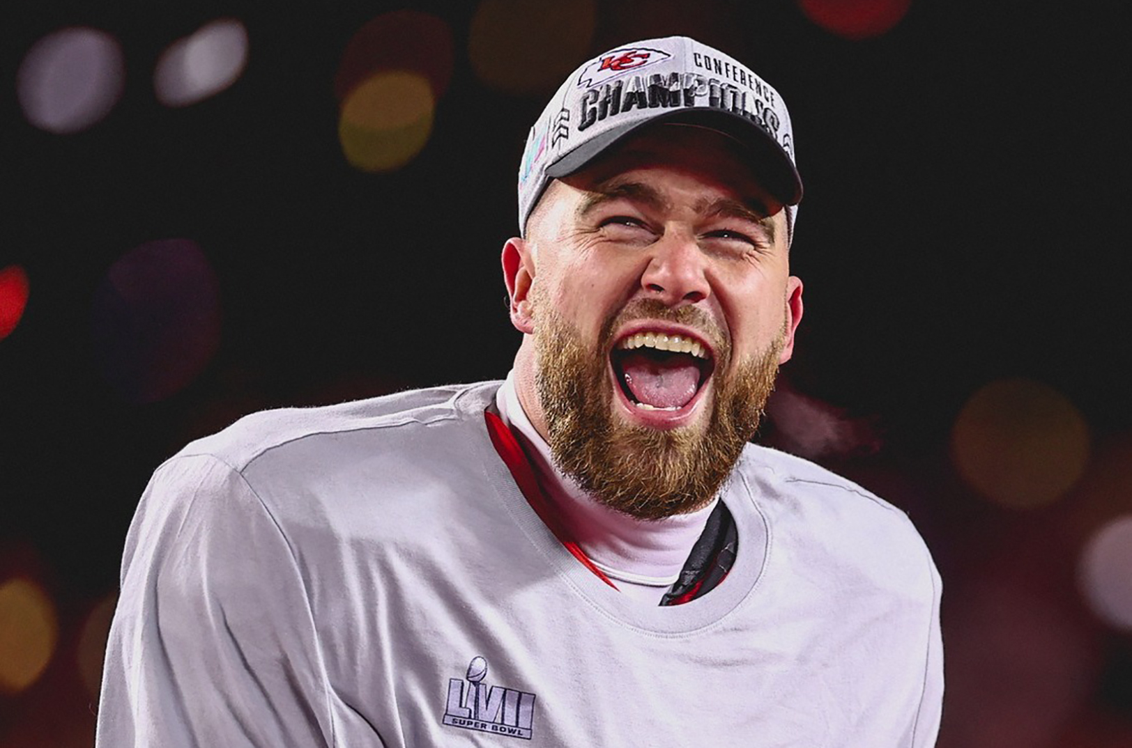 Travis Kelce celebrates after the Kansas City Chiefs' AFC victory over the Bengals, sending the team back to the Super Bowl; photo courtesy of the Kansas City Chiefs