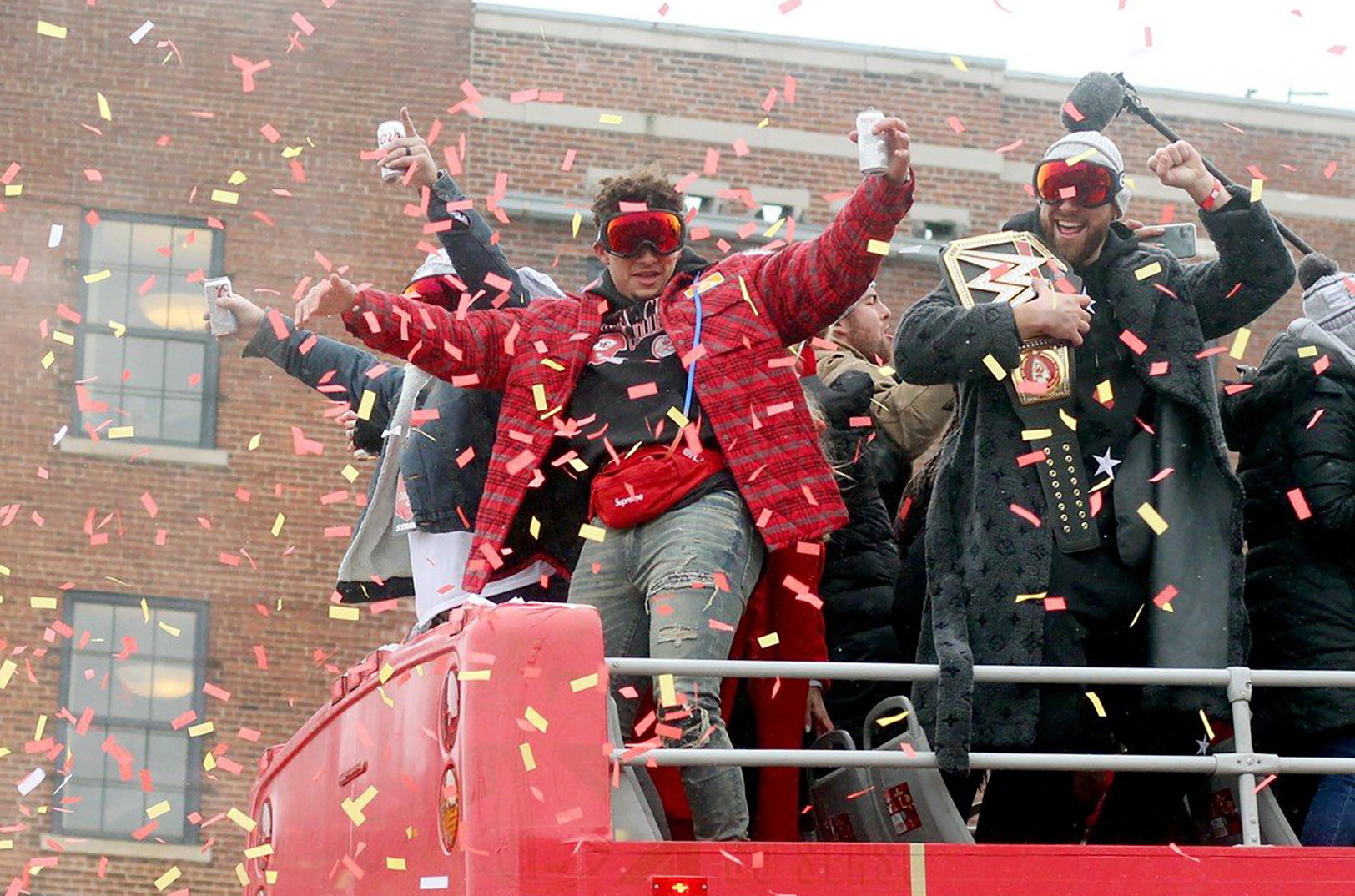Chiefs quarterback Patrick Mahomes and tight end Travis Kelce celebrate during the 2020 Super Bowl parade, which attracted an estimated 500,000 people to downtown; photo courtesy of Visit KC