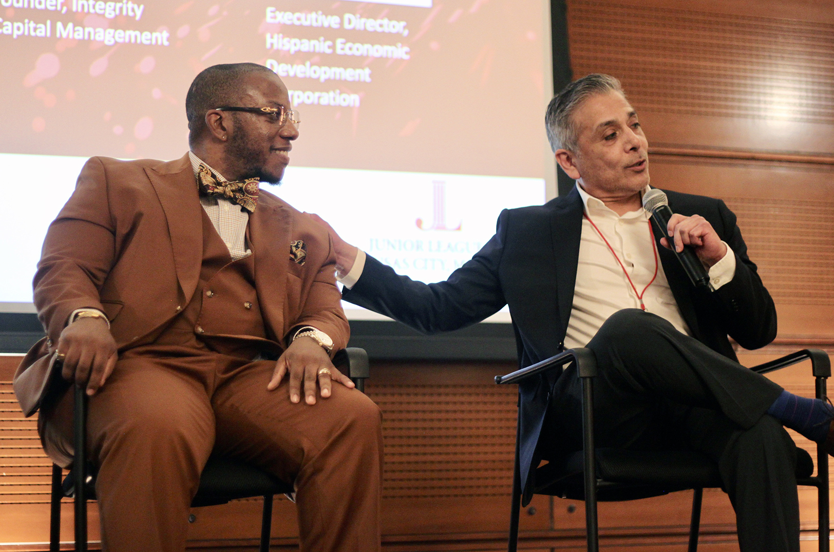 Terrell Jolly, Integrity Capital Management, and  Pedro Zamora, Hispanic Economic Development Corporation, share the stage during the “Enabling Economic Inclusion” session at the C3KC conference