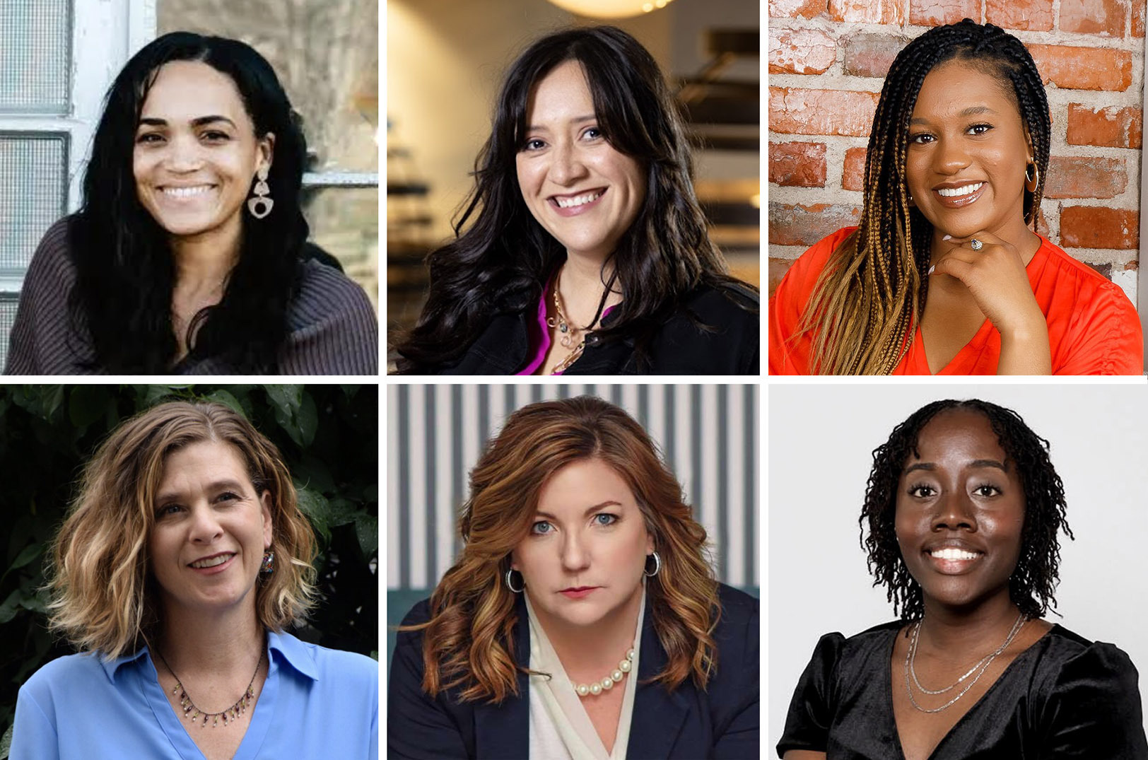 2023 HERImpact Pitch competitors: Nikkie Affholter, Tirza Design; Verónica Alvidrez, ParaMI; Taylor Burris, The AI Hub; Kristan Chamberlain, KC Can Compost; Deb North, Yes! Athletics; and JaMeshia Sykes, Thriving Intent