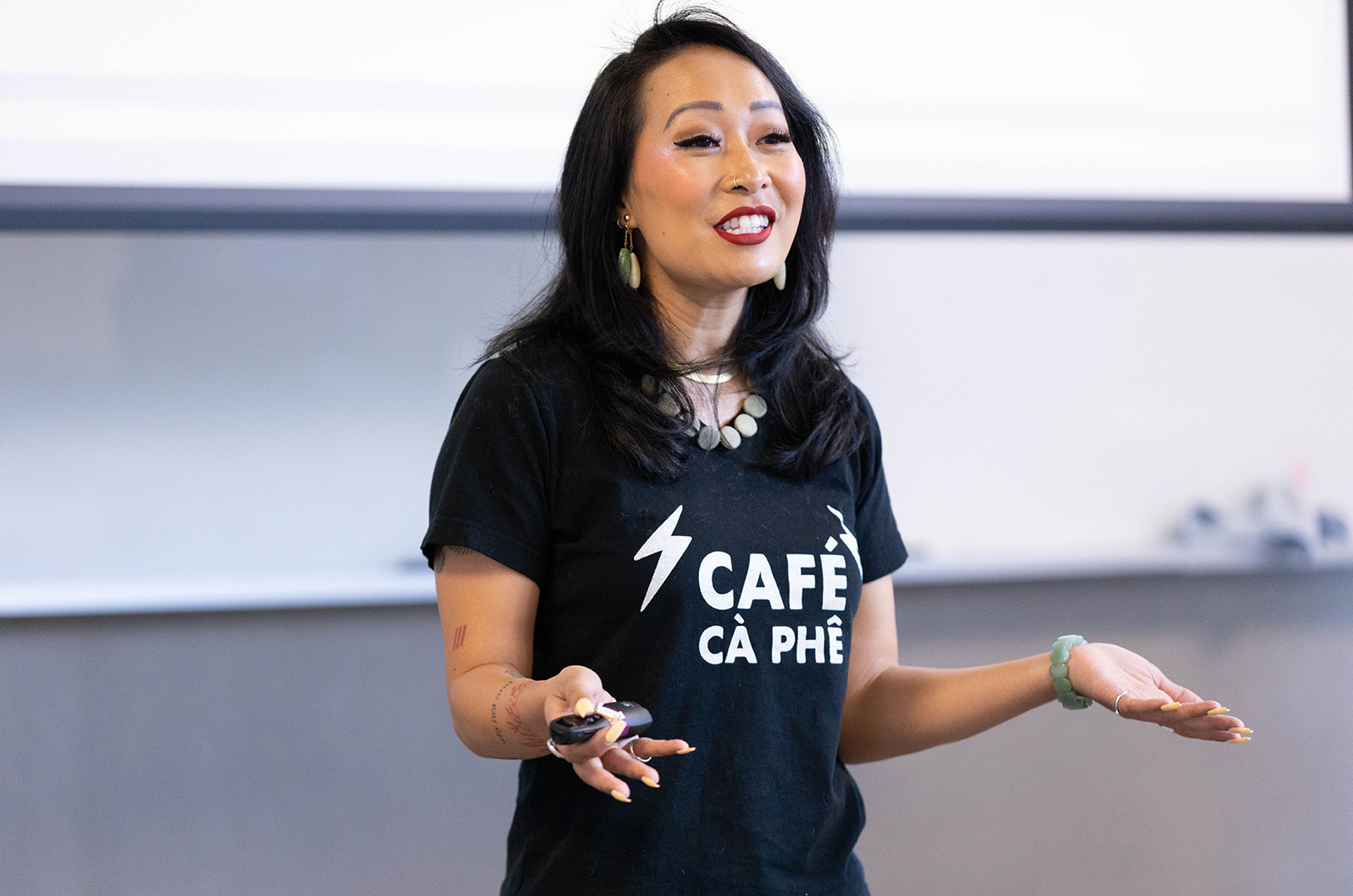 Jackie Nguyen, Cafe Cà Phê, pitching during the 2022 Regnier Venture Creation Challenge at UMKC; photo courtesy of the University of Missouri-Kansas City's Henry W. Bloch School of Management and the Regnier Institute for Entrepreneurship and Innovation