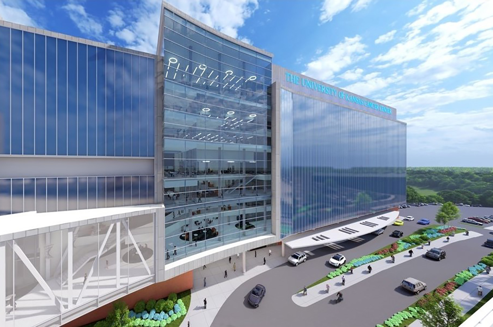 The rendering above depicts the “signature facility” the University of Kansas Cancer Center plans to build on the KU medical campus in Kansas City, Kansas; Rendering courtesy of Clark & Enersen