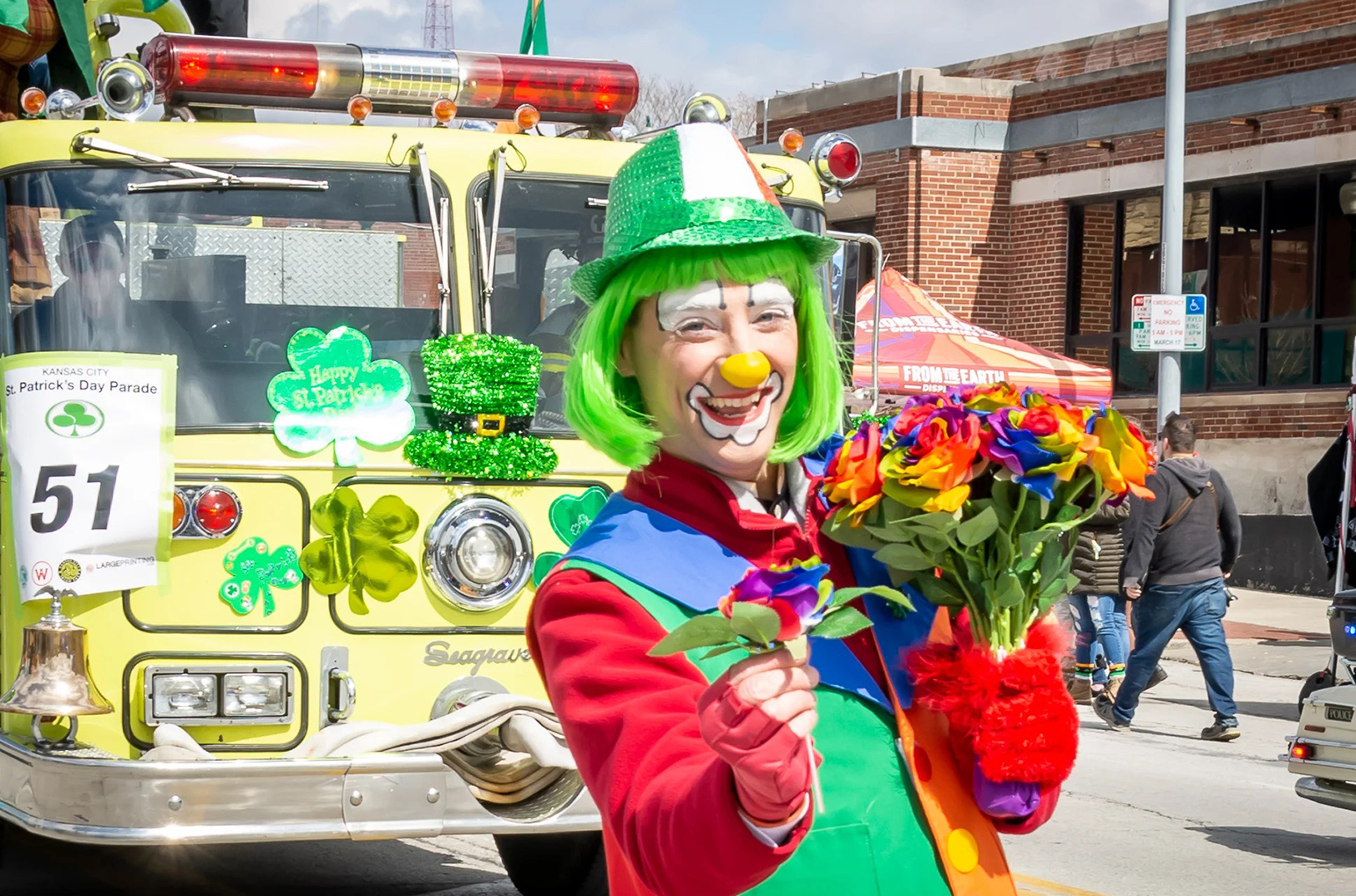 Dennis Porter appears as Cornelius the clown for St. Patrick's Day