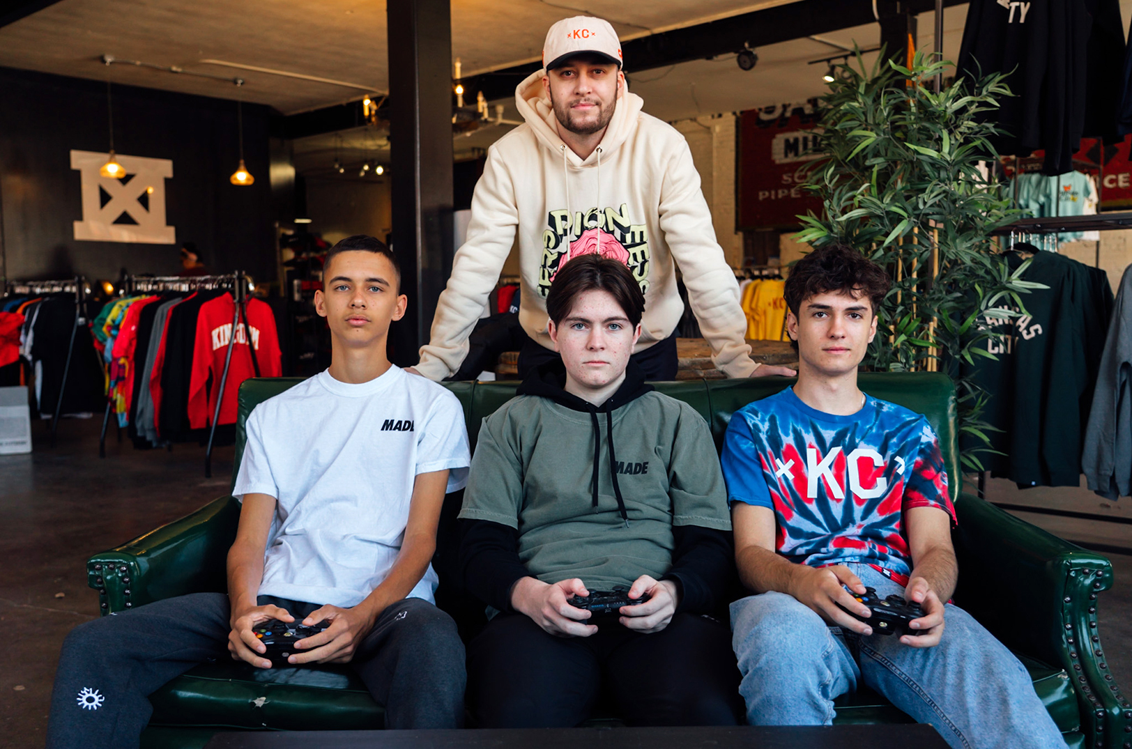 Kansas City Pioneers’ Rocket League team; top: James Guarino, username JG7, coach; bottom: Hunter Tomeski, username Huntr, player; Ethan Klumpp, username Scrub, player; Jon Anastasakis, username Bananahead, player; photo courtesy of the KC Pioneers