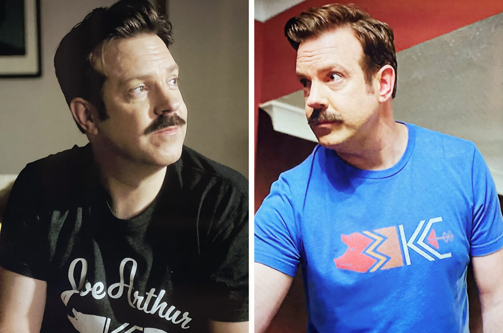 Jason Sudeikis wears Three KC designs — the Joearthur Gatestack and Three KC logo tees — in scenes from Apple TV's "Ted Lasso"