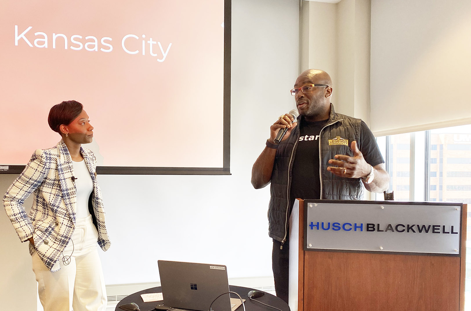 Shamika Hogan, i.c.starskc, appears alongside Will Shields during an April launch event in Kansas City