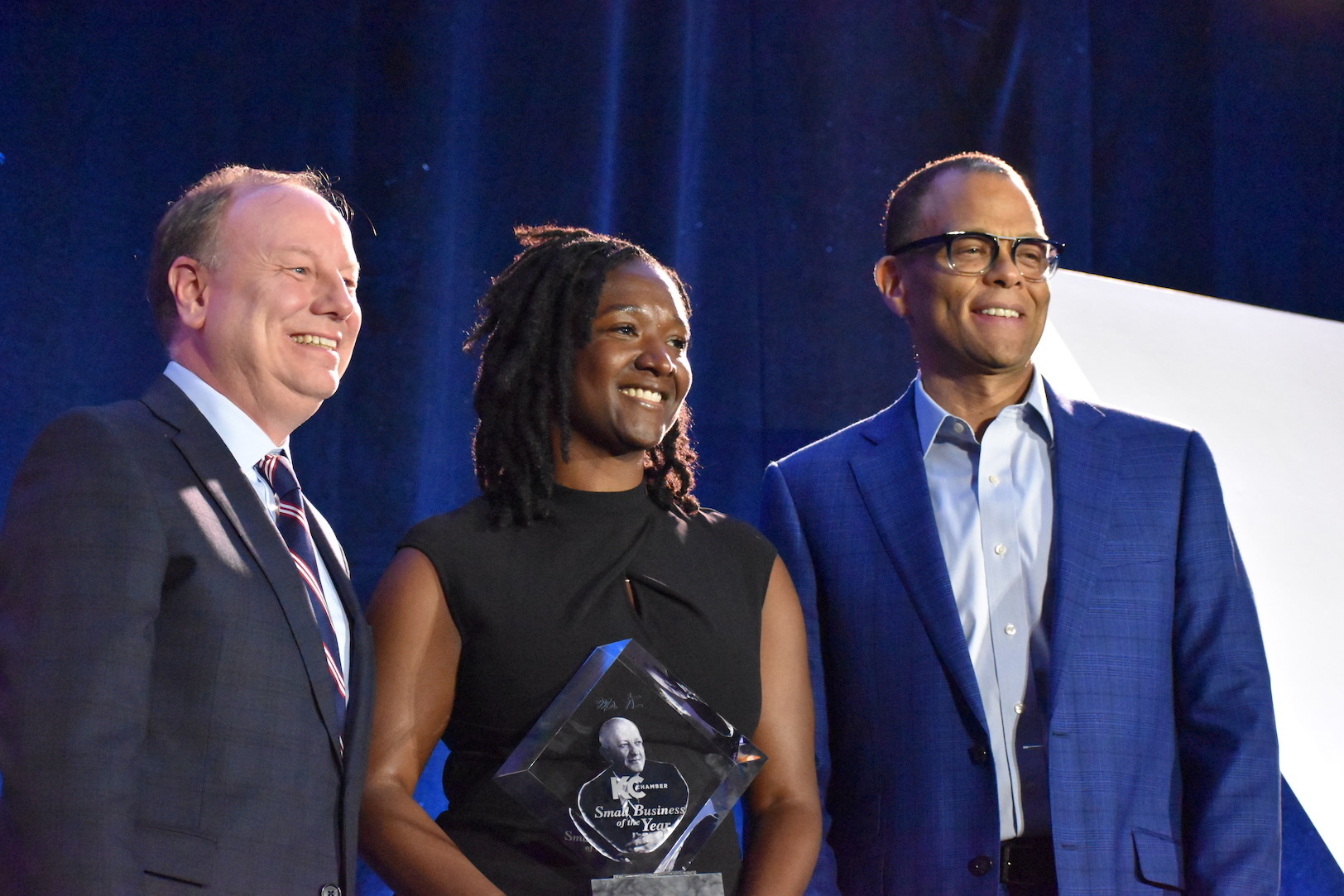 Fahteema Parrish, Parrish & Sons Construction, center, is joined by Joe Reardon, the Greater Kansas City Area Chamber of Commerce, and Philip Gaskin, Ewing Marion Kauffman Foundation, during the KC Chamber's Small Business Celebration; photo by Nikki Overfelt Chifalu, Startland News