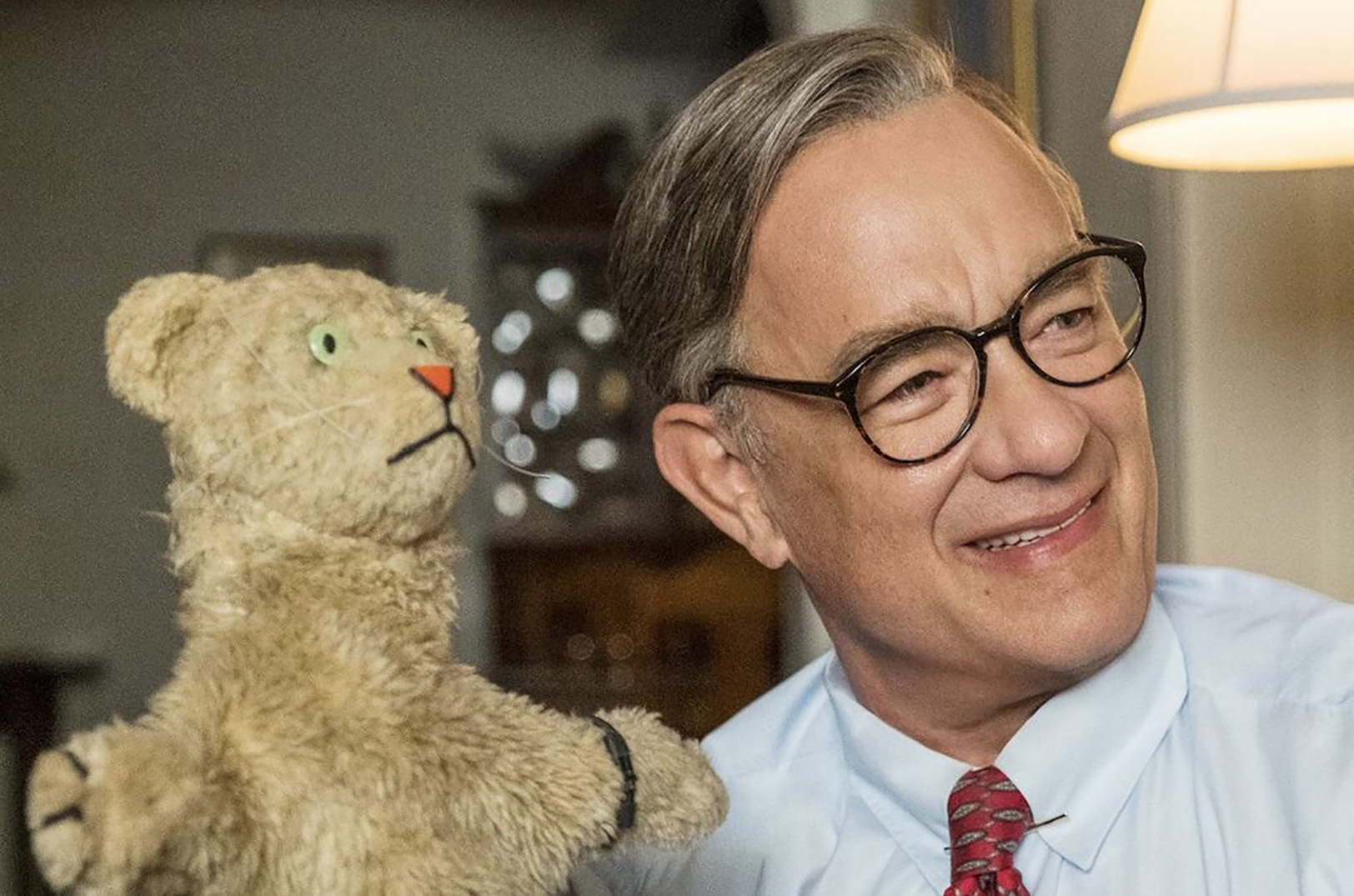 Tom Hanks from "A Beautiful Day in the Neighborhood" with the Daniel Tiger puppet created by Spencer Lott and Grace Townley, Simple Mischief Studio; photo by Lacey Terrell