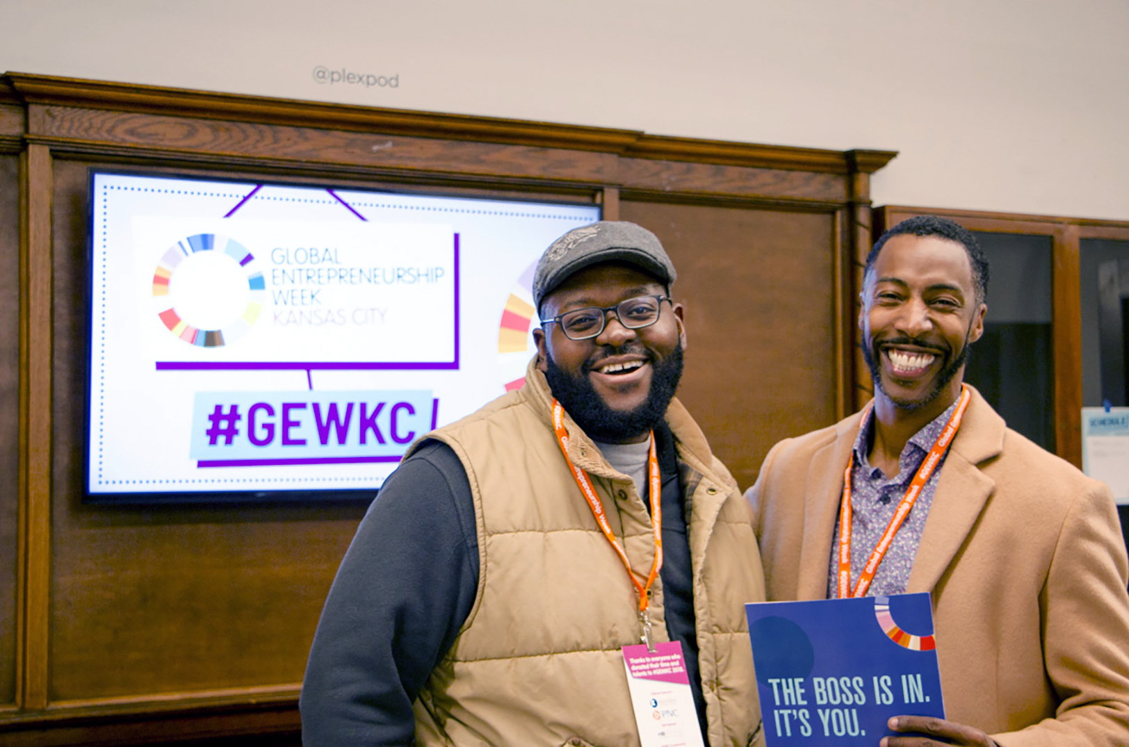 Eze Redwood and Reggie Gray at Plexpod Westport at Park 39 for Global Entrepreneurship Week - Kansas City in 2018; photo courtesy of KCSourceLink
