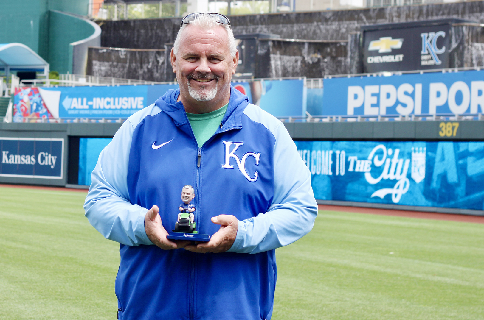 Trevor Vance, Kansas City Royals, with his bobblehead; photo by Nikki Overfelt Chifalu