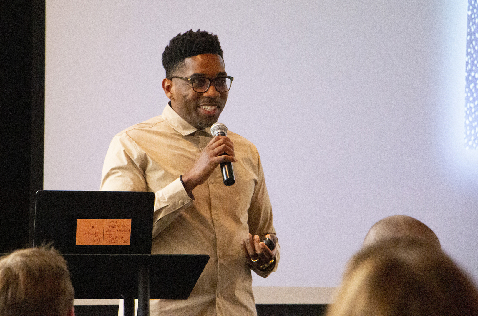 Rickey Leathers, Savvy Salon, speaks during a ScaleUP! KC gather; photo courtesy of the UMKC Innovation Center