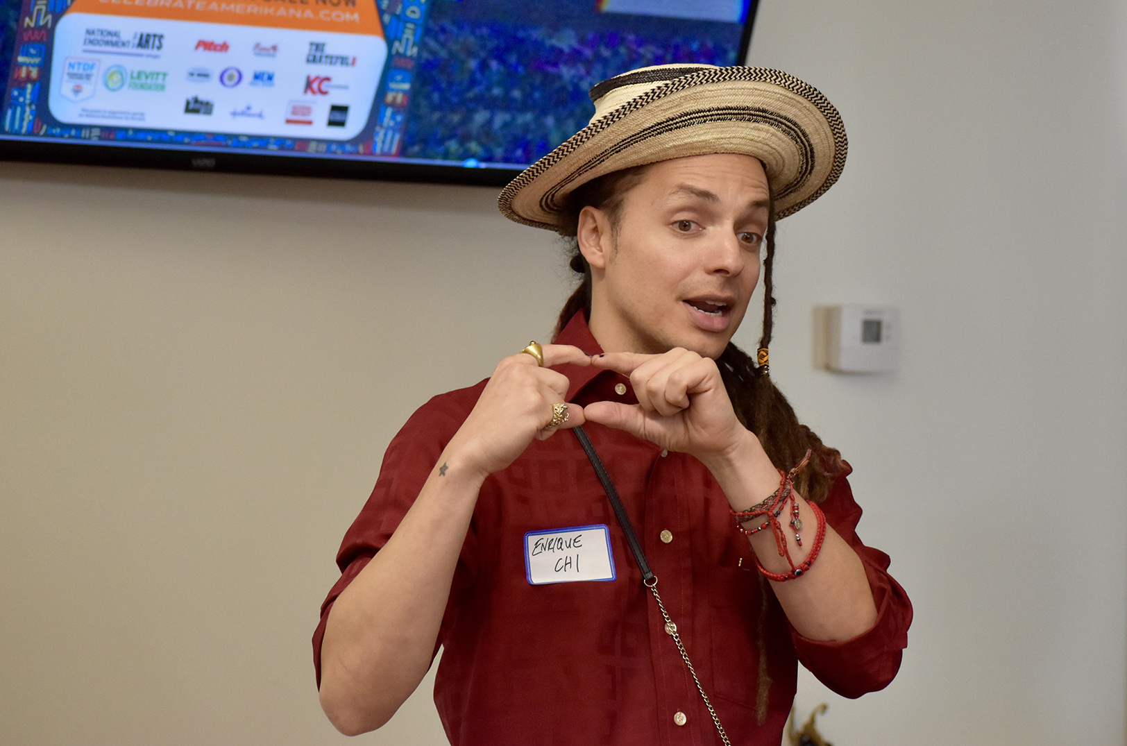 Enrique Chi, Making Movies, speaks during an event showcasing Art As Mentorship and the upcoming Ameri'kana music and art festival; photo by Nikki Overfelt Chifalu, Startland News