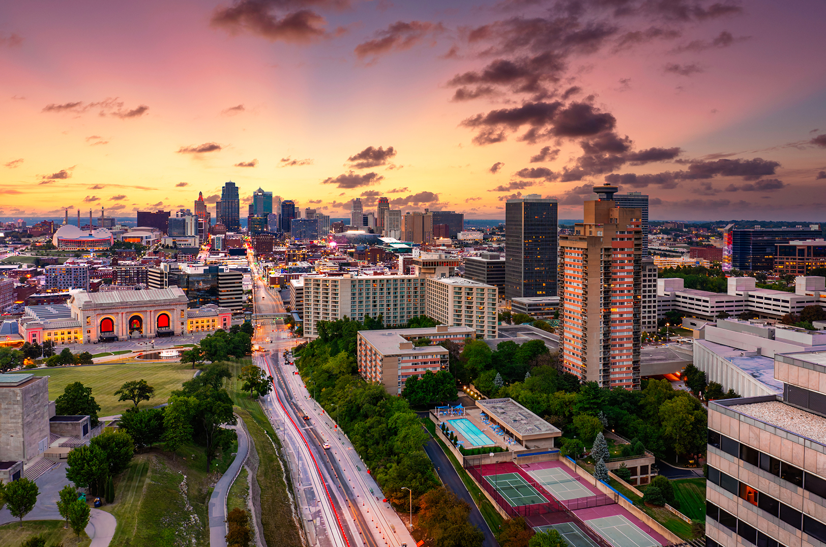 Aerial view of Kansas City skyline at dusk, viewed from Penn Valley Park