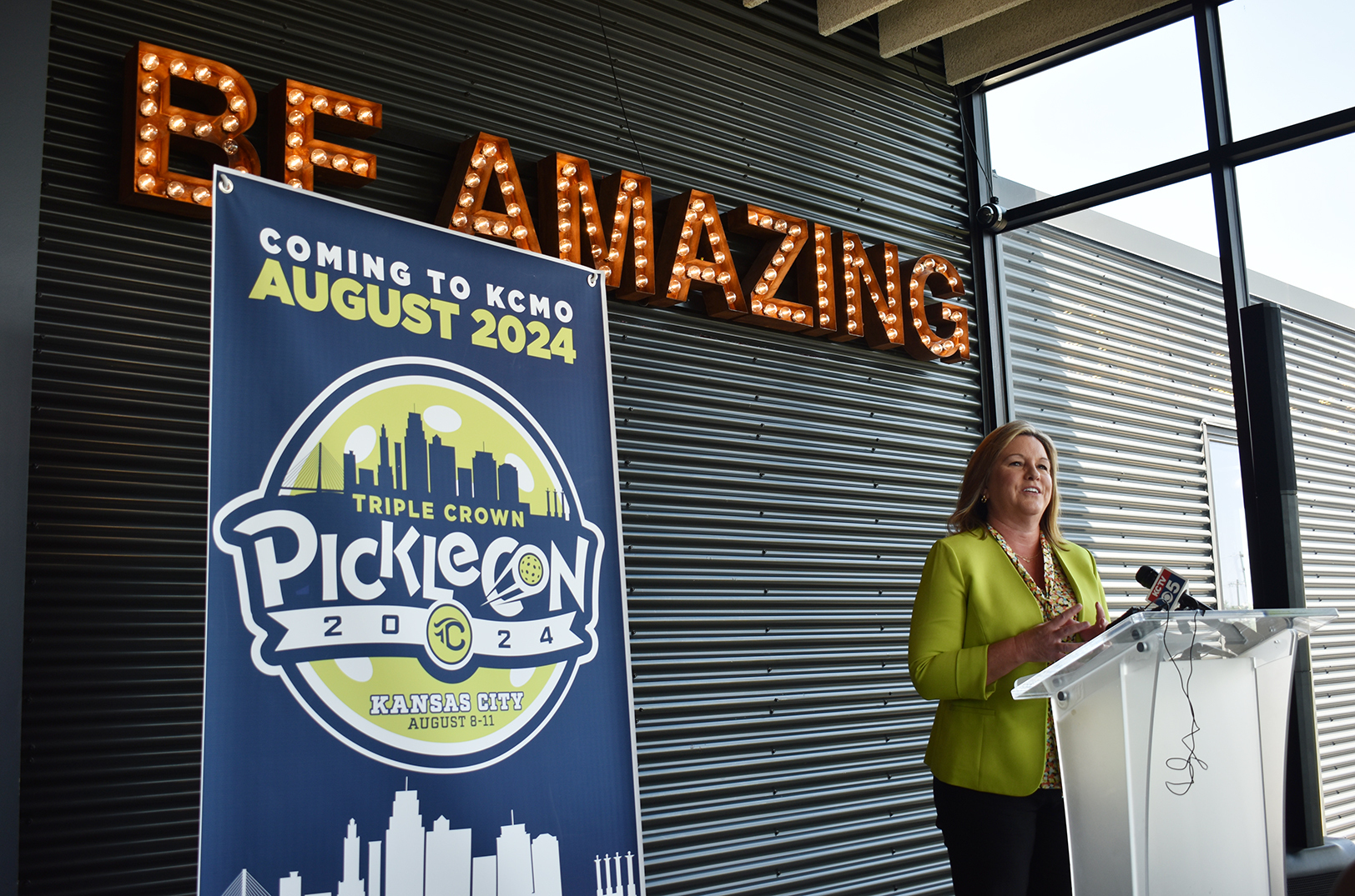 Kathy Nelson, Visit KC, KC Sports Commission, speaks during an announcement event for Picklecon 2024 at Chicken N Pickle in August 2023; photos by Channa Steinmetz, Startland News