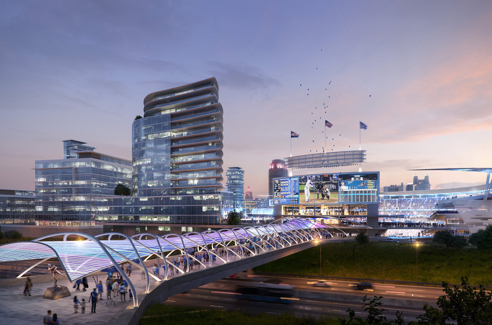 A rendering by design firm Populous shows what a proposed Royals ballpark would look like in Kansas City's East Village. The Royals want to build a pedestrian bridge above the highway so fans can walk from Paseo Boulevard into the stadium in Kansas City's East Village; rendering courtesy of the Kansas City Royals