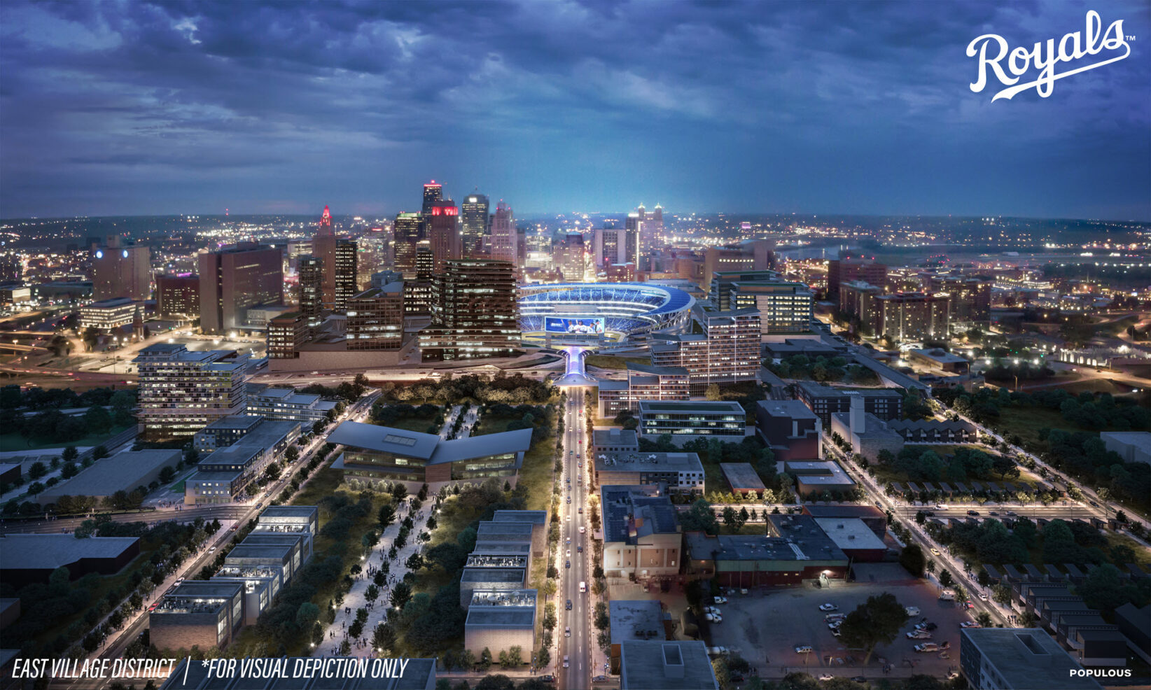 This rendering shows the outside of a proposed Royals baseball stadium if it were located in Kansas City's East Village; rendering courtesy of the Kansas City Royals, Populous