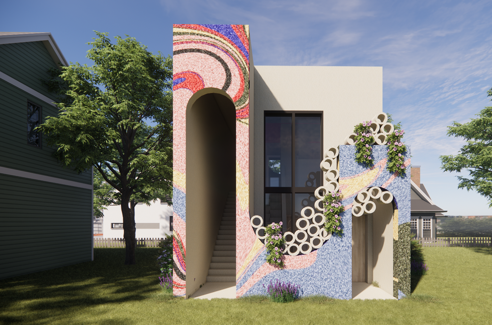 Rendering of a home built with Civic Saint's earthen bricks; image courtesy of Civic Saint