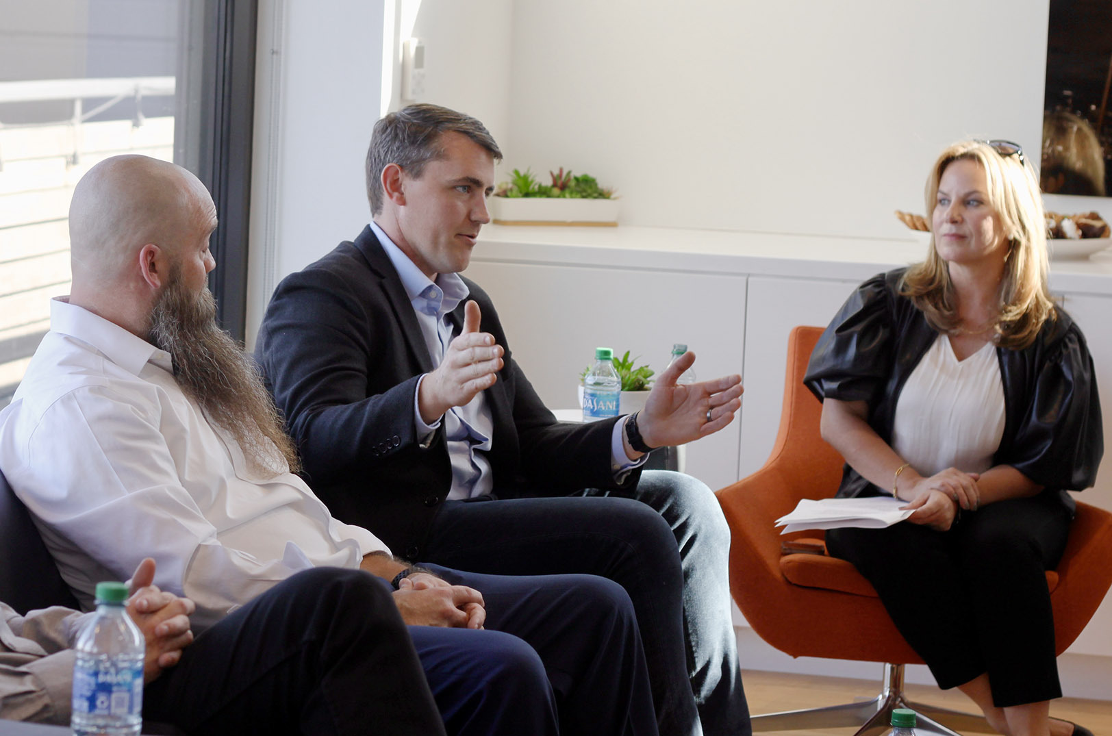Drew Robinson, Evergy Ventures, speaks during a panel conversation alongside Dustin Burns, McCownGordon, and Maggie Kenefake, Iron Prairie, at Brush Creek Capital; photo by Nikki Overfelt Chifalu, Startland News
