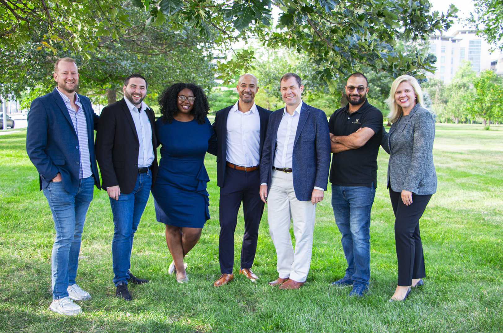 Third-quarter Digital Sandbox KC recipients:Ryan Weber, CEO of Mentor Mentee; Samer Damer, COO at Mentor Mentee; Shapree’ Marshall, founder and CEO of A Path Traveled Homes; Christopher Small, co-founder and CEO of Tributum Tech; Doug Bodde, chief business officer at RJ Building Materials; Reda Ibrahim, founder and CEO of RJ Building Materials; Ashley McClellan, founder and CEO of MedCurate; photo courtesy of UMKC Innovation Center