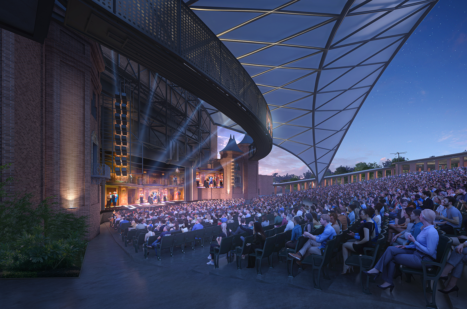 A new seating canopy will provide shade to about 3,200 seats to allow for summer Broadway matinee programming, and open opportunities for other community events and partnerships; rendering courtesy of Starlight