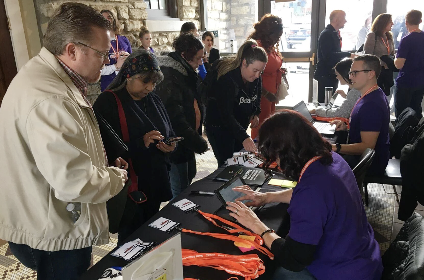 Participants check in at Global Entrepreneurship Week 2019 in Kansas City. The Kansas City version of the global event has a new hub of activity this year; photo courtesy of KCSourceLink