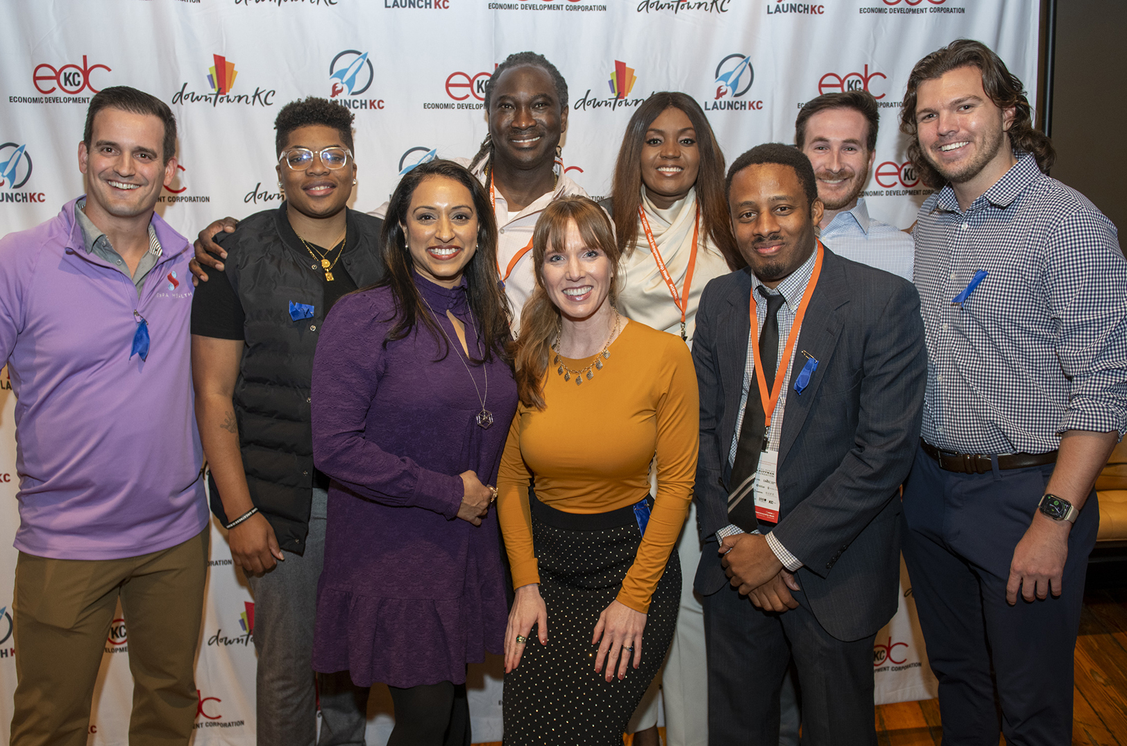 2023 LaunchKC winners: Steven Coen, SaRA Health; Jannae Gammage, Foresight; Neelima Parasker, Lotus TMS; Learie Hercules, Heft IQ; Holly Andra Small, Lotus TMS; Triumfia Houmbie Fulks and Sedric Hibler, CodeAlgo Academy; Ryan Cowdrey and Blake Herren, Raven Space Systems; photo by Mark McDonald, Downtown Council